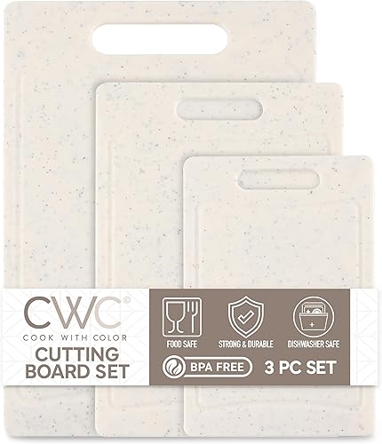 COOK WITH COLOR Juego de tablas de cortar antideslizantes, esenciales de cocina con mango de fácil agarre para carne, verduras y frutas, 3 tablas de