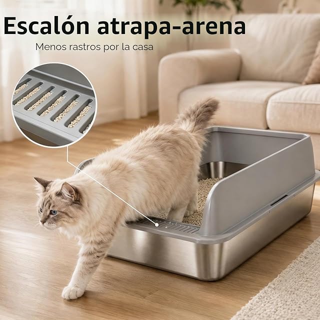 Foto 4 de 6 de Juego de 2 Cajas de Arena para Gatos de Acero Inoxidable, con Borde Alto, 50 x 35 x 20 cm