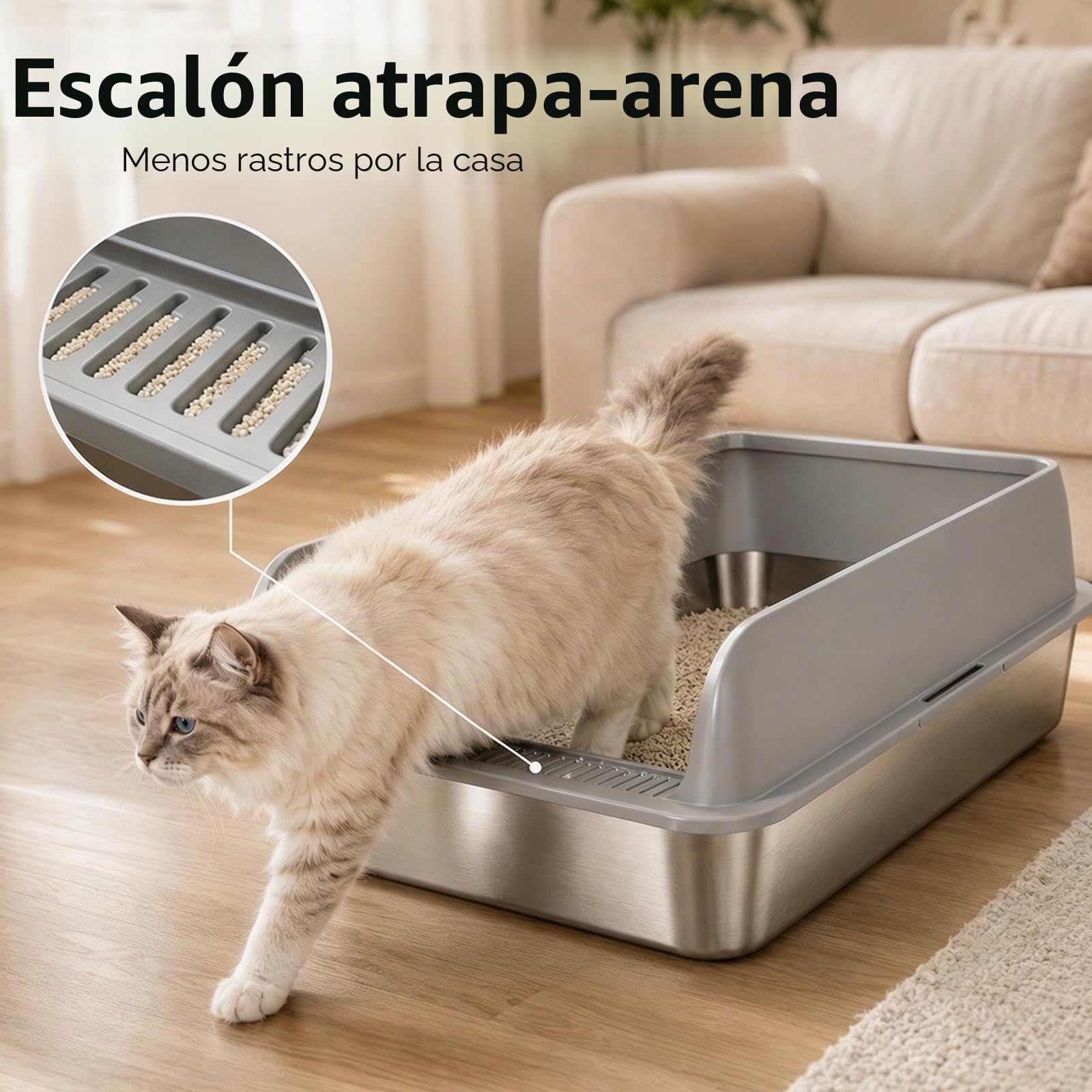 Juego de 2 Cajas de Arena para Gatos de Acero Inoxidable, con Borde Alto, 60 x 40 x 20 cm, Pala para areneros (Large)