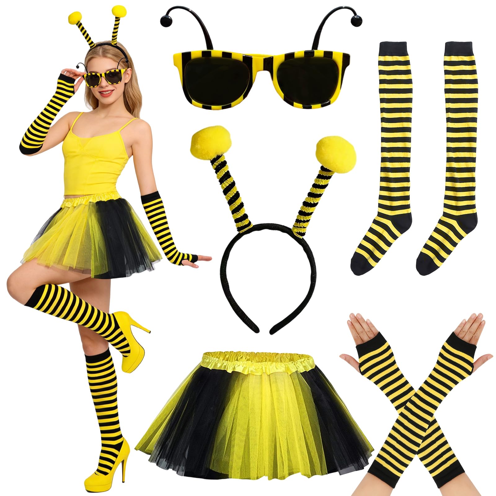 Disfraz de abeja para mujer, disfraz de carnaval, 5 unidades, disfraz de carnaval con cinta para la cabeza, gafas de abeja, falda de tul, calcetines por encima de la rodilla, guantes largos