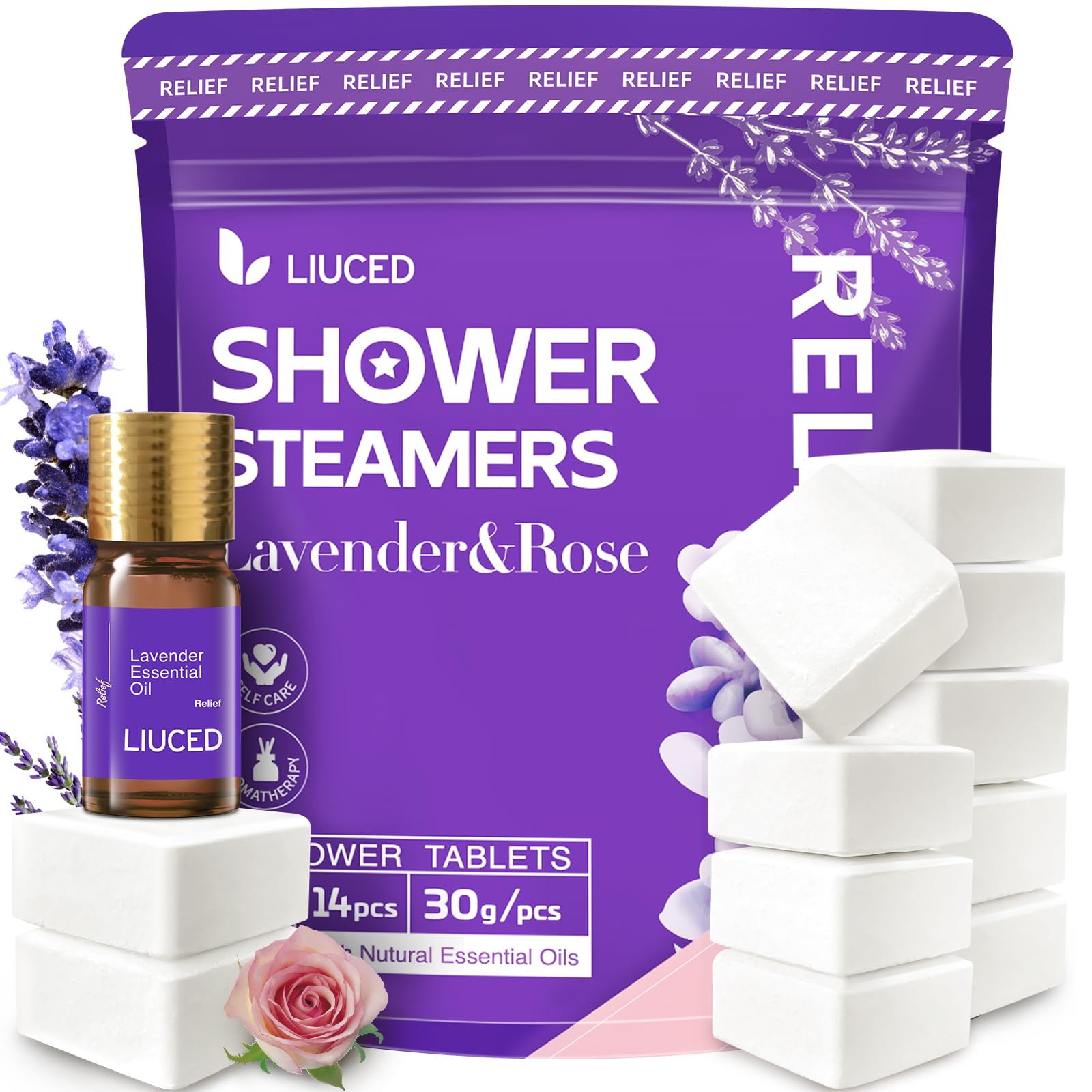 Confezione da 14 bombe da doccia con aromaterapia e lavanda e 5 ml di oli essenziali di lavanda naturale, regali per la cura personale e sollievo dallo stress per la mamma, regali di compleanno