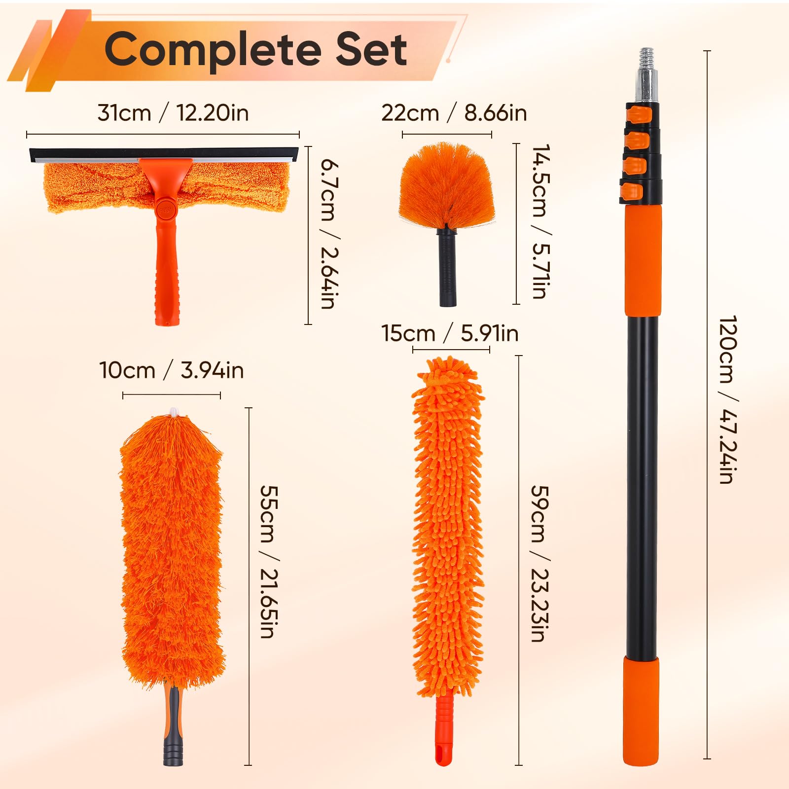 Set di pulizia telescopico 4 in 1 con testine di pulizia intercambiabili (3,6 m) | Senza scala per la pulizia in altezza, manico antiscivolo, lavabile, versatile