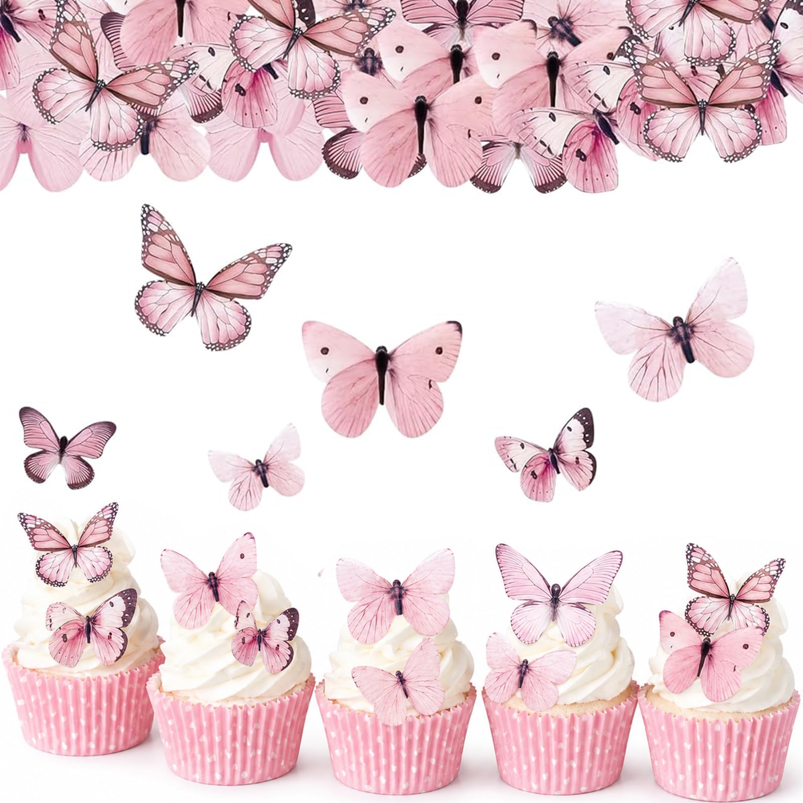 ALLAVA 80 Edible Butterfly Cake Decorations,Pink Butterfly Cake Toppers