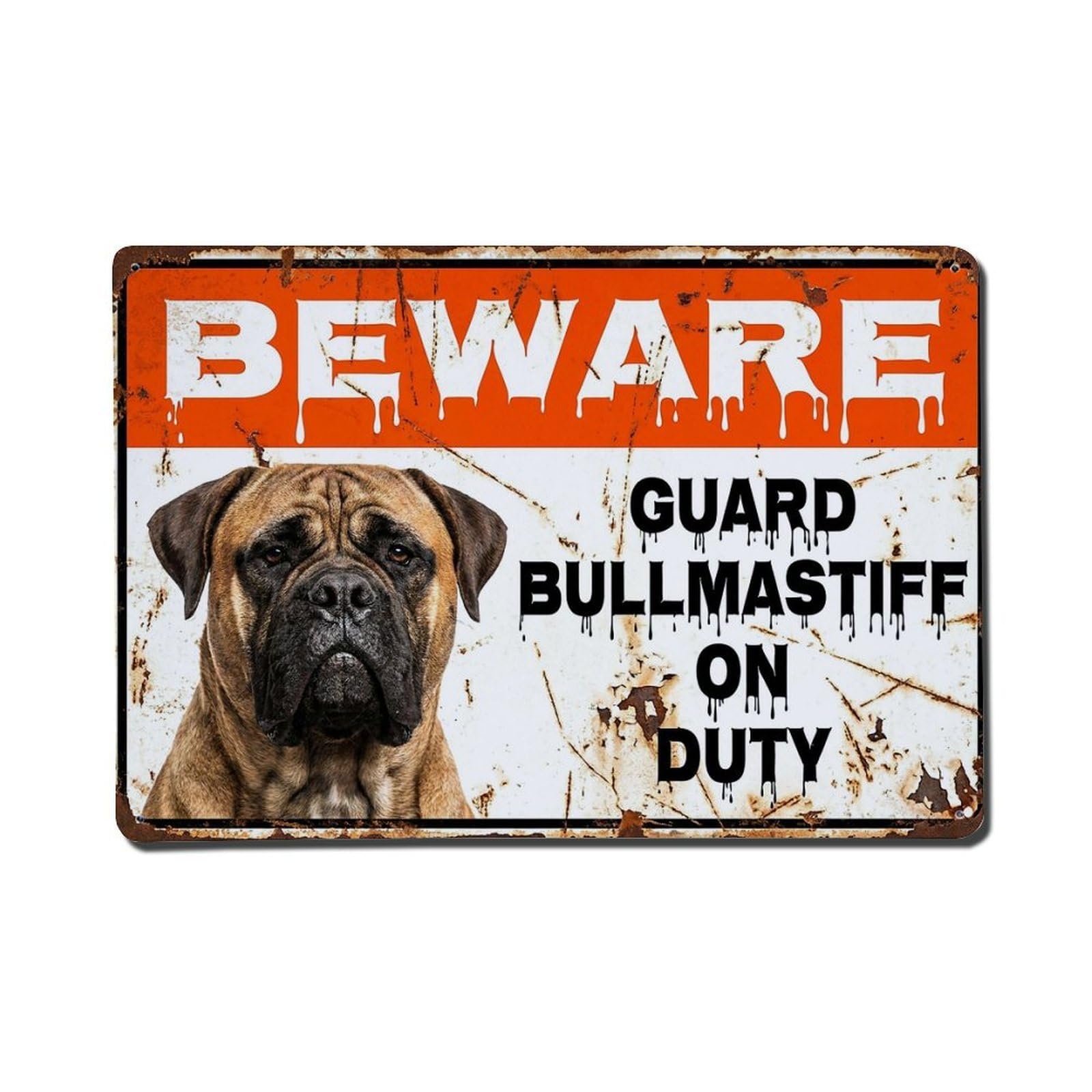 Vintage Funny Bullmastiff Guard Beware of Dog Foyer Metal Tin Sign Plaque Wall Decor for Cafe, Club Bar, Office, Garden Metal Poster 8x12Inch