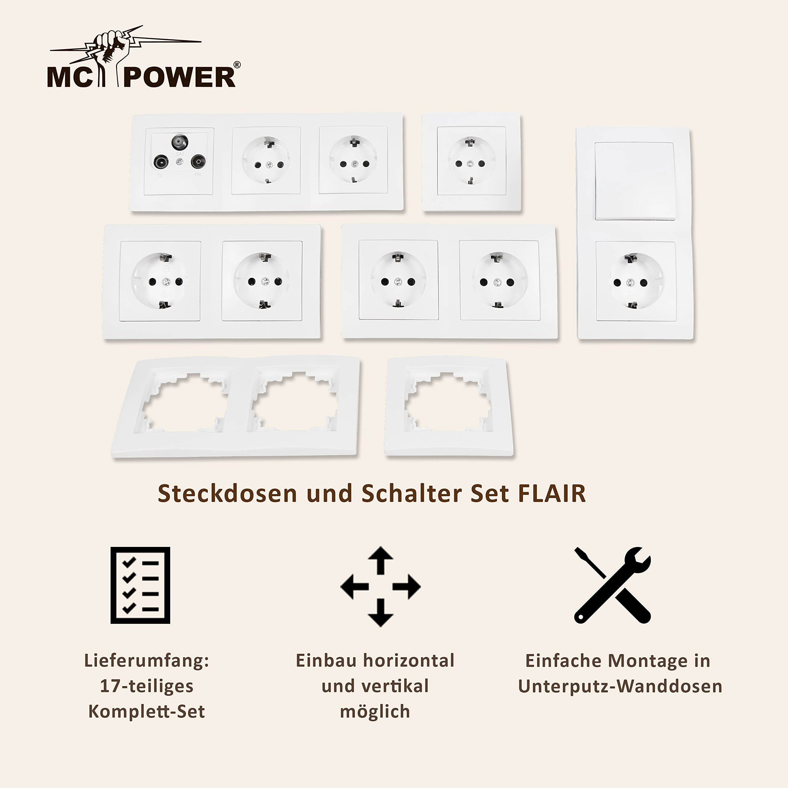 McPower FLAIR Schalter-Steckdosen-Set I Arbeitszimmer I17-teilig mit Wechselschalter Schutzkontakt-Steckdose Antennendose, Abdeckrahmen, weiß matt