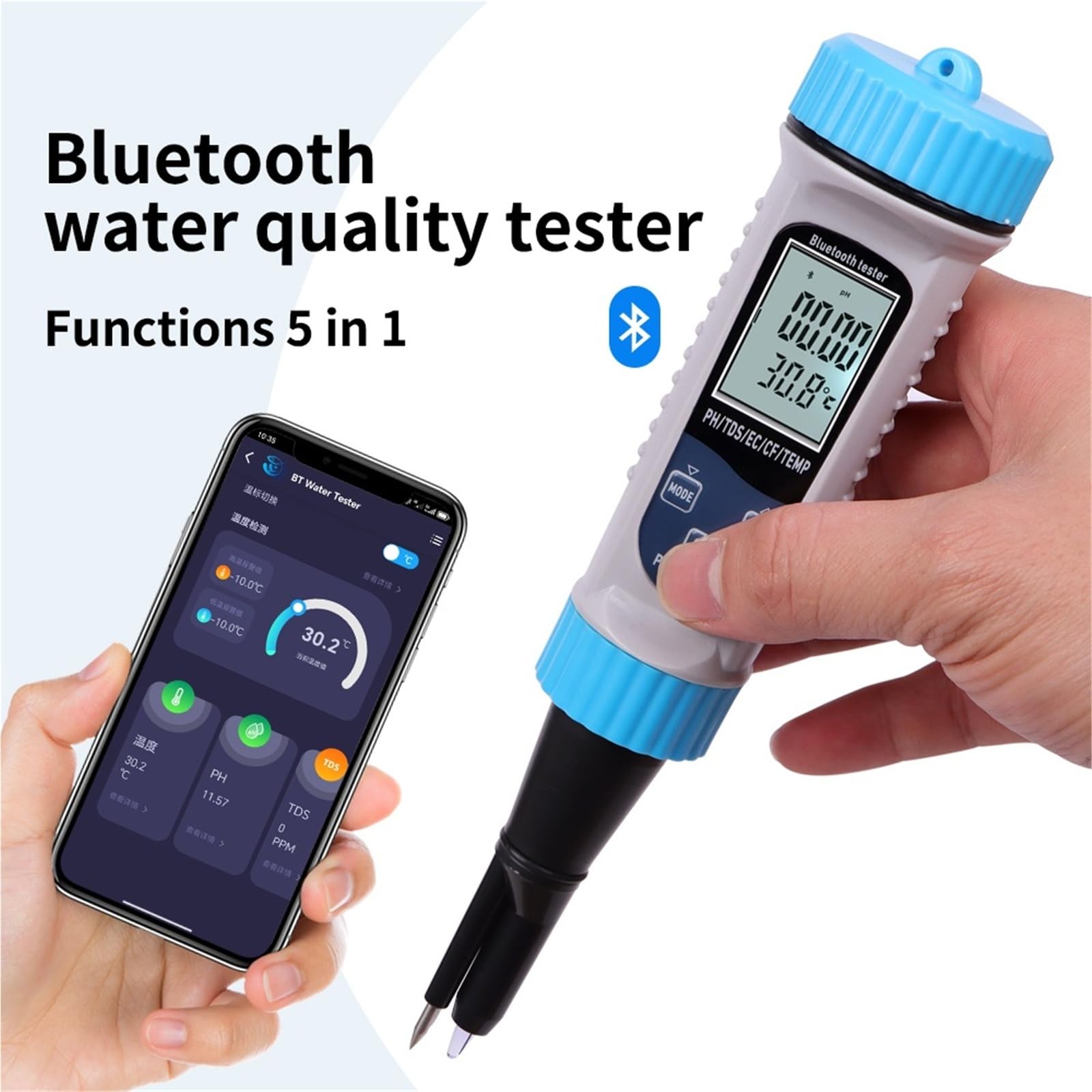Medidor de pH y temperatura TDS, EC CF con Bluetooth 5 en 1, comprobador digital, función calibración automática, detector calidad del agua,Análisis de calidad instantáneo