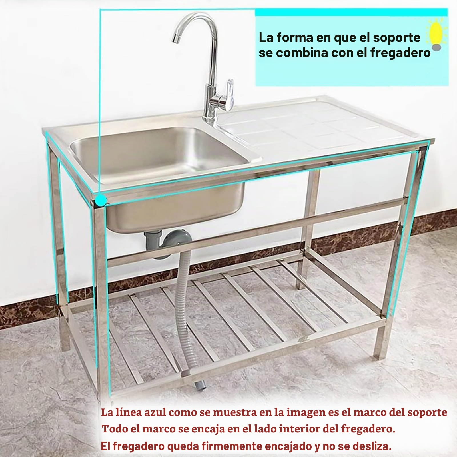 Fregadero Industrial Comercial Con Grifo De Agua Caliente Y Fría Fregadero Independiente 1 Seno Con Estación De Trabajo Fregadero De Acero Inoxidable Con Estante De Almacenamiento Para Lavandería (Si