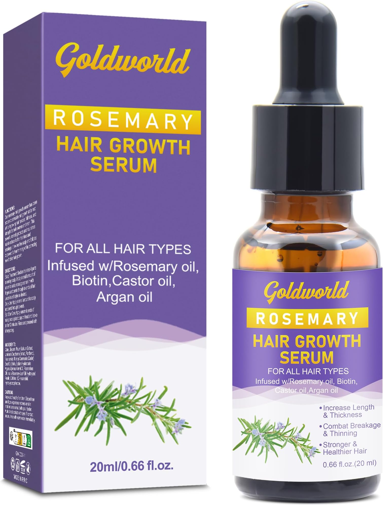 GoldWorld Hair Growth Oil, Rosemary Scent with Castor and Argan Oil, Biotin for Thinning Dry Damaged Hair, Hair Ingrown Regrowth Loss Treatments for Women Men