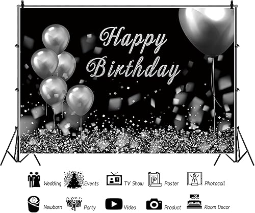 Miniatura 6 de Baocicco Fondo de fotografía de feliz cumpleaños de 8 x 6 pies con diamantes, purpurina plateada, blanco y negro, globos para decoración de