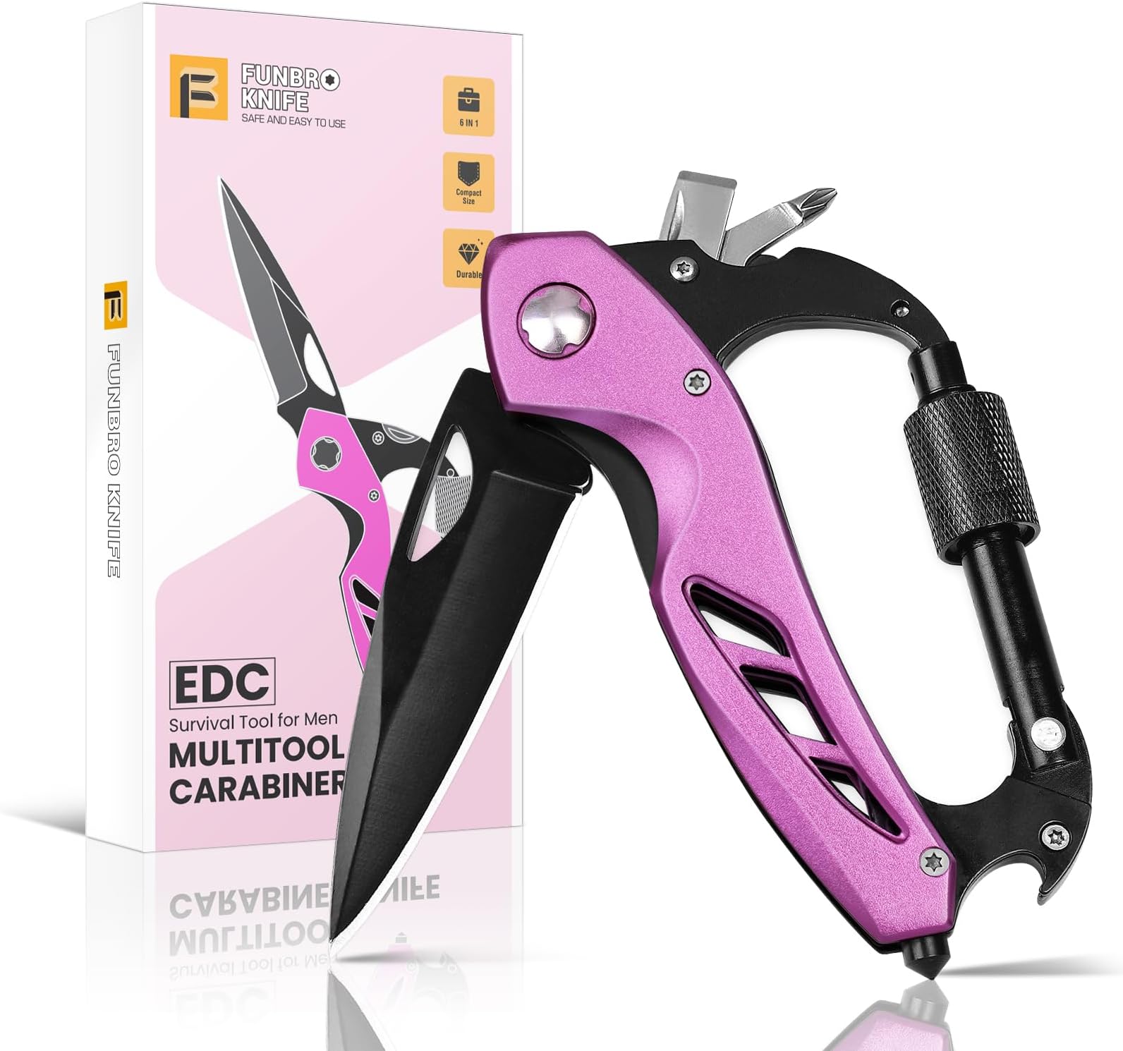 Pink Multitool Carabiner Knife Gifts for Mom Women Wife, 6-in-1 Keychain Multi Tools with Window Breaker, Bottle Opener and Screwdriver, EDC Gear Gadget for Camping Hiking