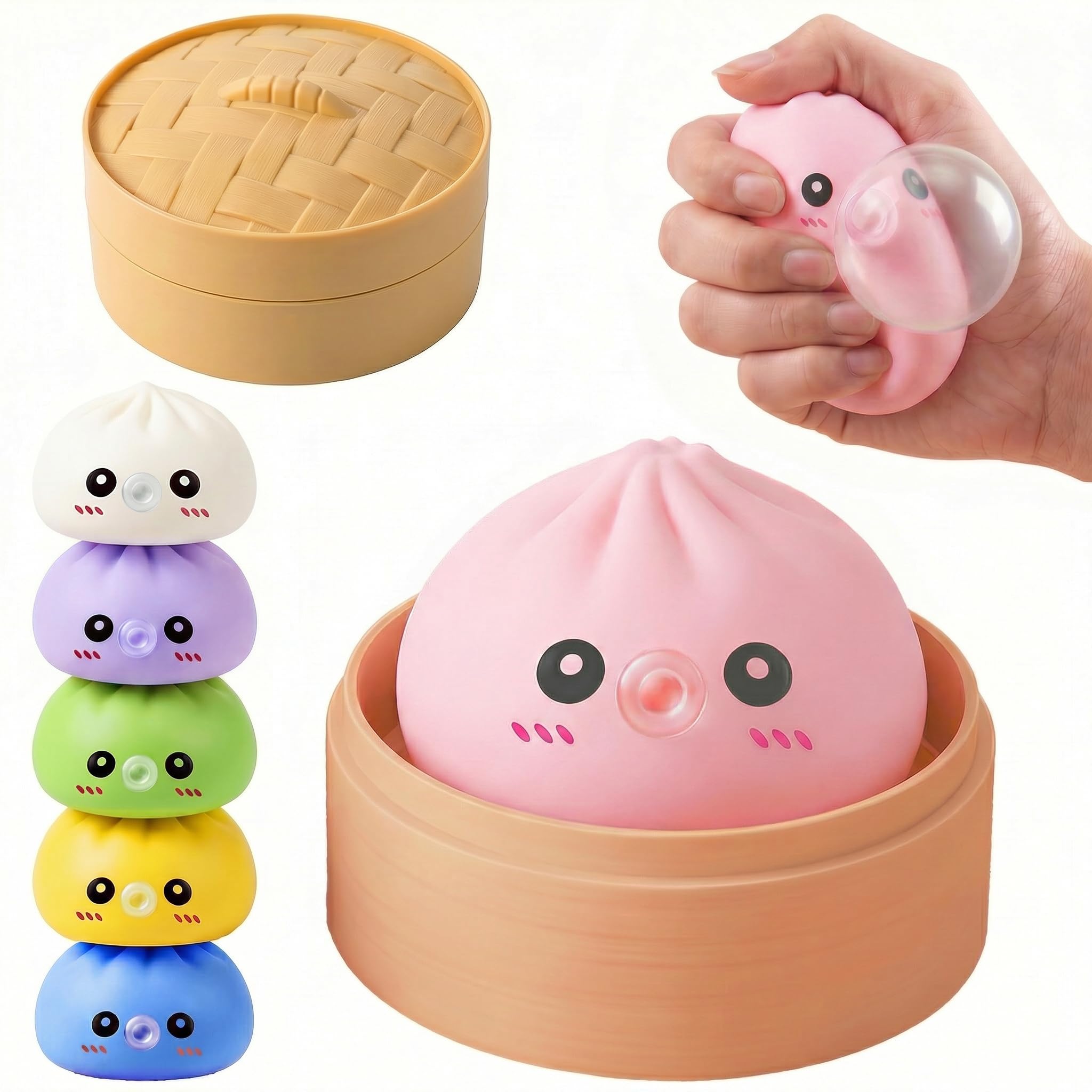 Photo 1 of [MINOR DAMAGE] Dumpling Squishy Toy with Bubble Blowing Feature, Squishy Dumpling Stress Relief Toy, Cute Bao Bun Squeeze Toy with Steamer Box, Soft Sensory Fidget Desk Toy Gift (1, Pink)