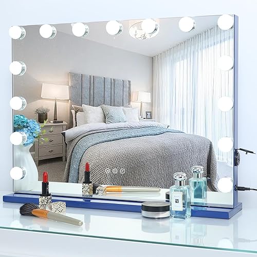Hollywood - Espejo de maquillaje con luces, 15 bombillas LED regulables, 3 modos de iluminación de color, espejo de maquillaje iluminado con puerto
