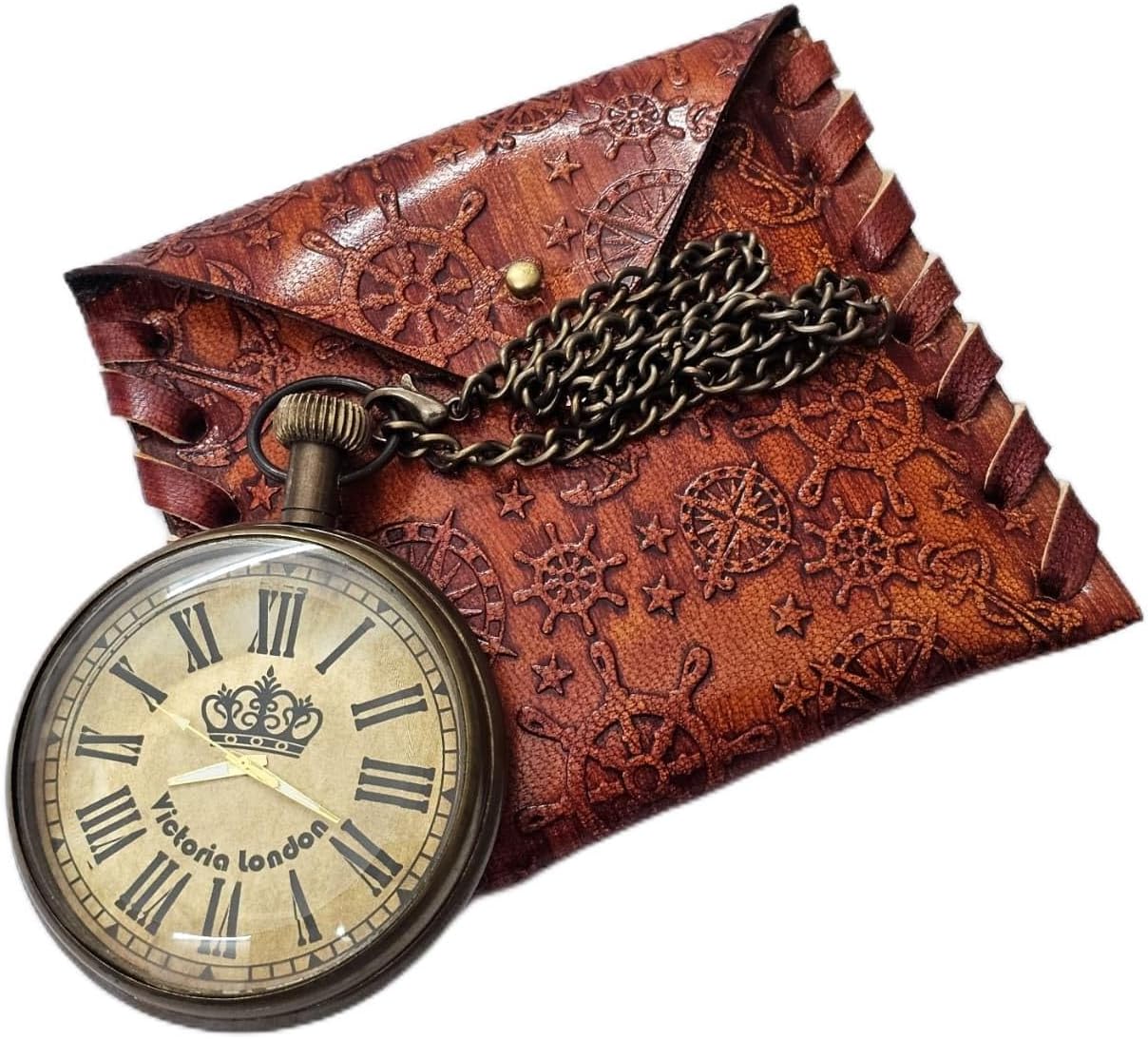 DanMart Vintage Brass Pocket Watch, Handmade Leather Cover, Antique Style, Men's Gift