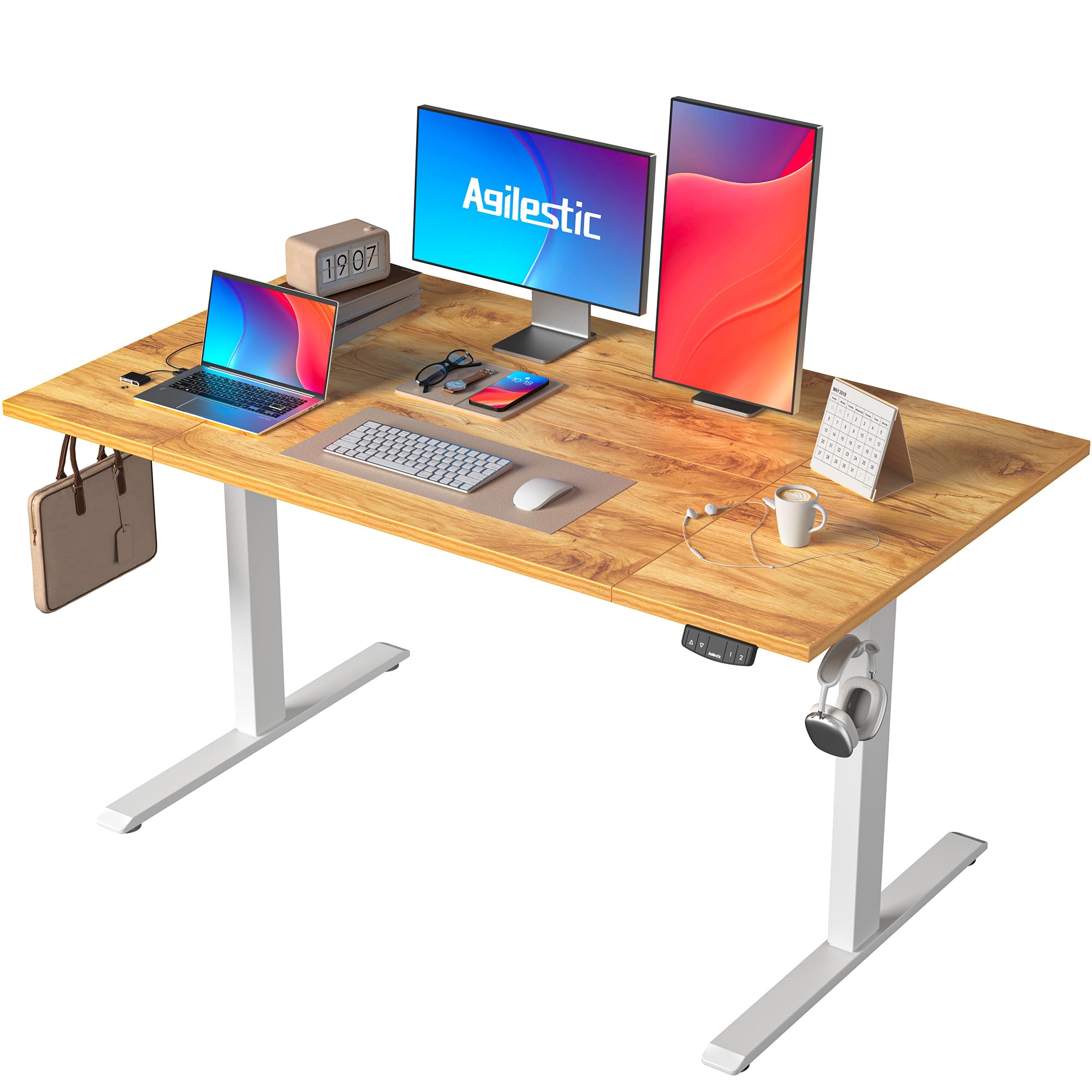 Agilestic Height-Adjustable Electric Desk, 140x80 cm Sit-Stand Office Desk, Computer Desk with Memory Function, Standing Desk, Gaming Desk, Light Brown