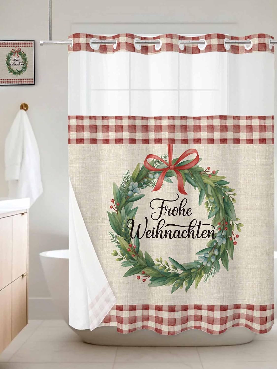 No Hook Shower Curtain, Merry Christmas Standard Shower Curtains with Snap in Liner, Xmas Wreaths Burlap Red Plaid Rustic Waterproof Washable Fabric Bathroom Curtain Sets, 60" x 72"