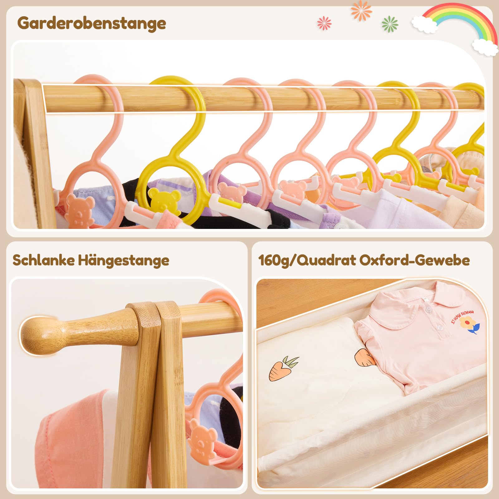 Yorbay Kinder Kleiderständer Bambus Garderobenständer mit Aufbewahrungskiste, Kindergarderobe mit Kleiderstange, für Baby- & Kleinkinderzimmer, Mädchen & Jungs (Natur)