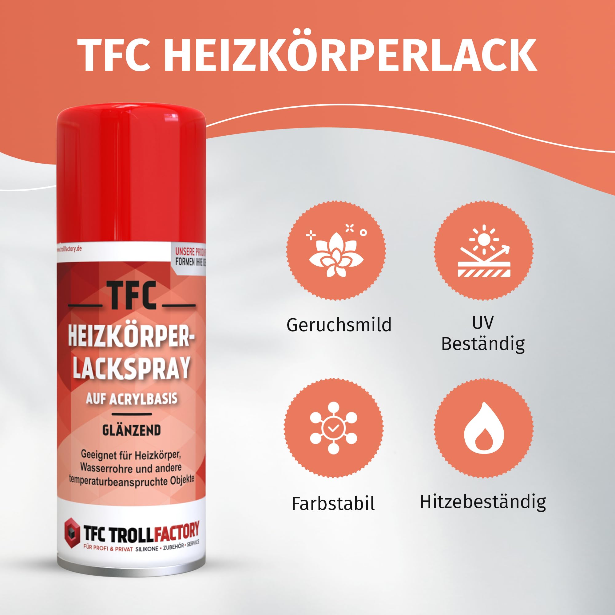 TFC lakier do grzejników w sprayu – błyszczący, czysta biel, spray na bazie akrylu do grzejników i rur wodnych, łatwe zastosowanie, doskonałe krycie, szybkoschnący i odporny na promieniowanie UV, 2 x