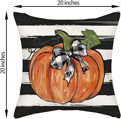 Miniatura 6 de Juego de 2 fundas de almohada de otoño de 20 x 20 pulgadas, diseño de calabaza con rayas negras en acuarela para sofá, cosecha de otoño, interiores