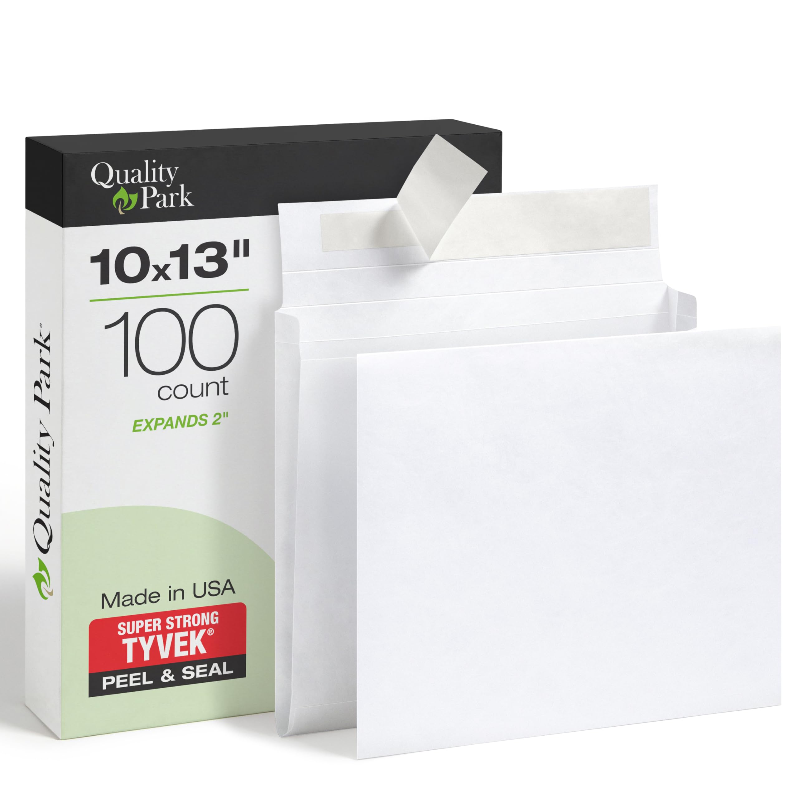 Quality Park R4610 Quality Park Tyvek - Sobres (lado abierto, 10 x 13 x 2, 100 unidades), color blanco