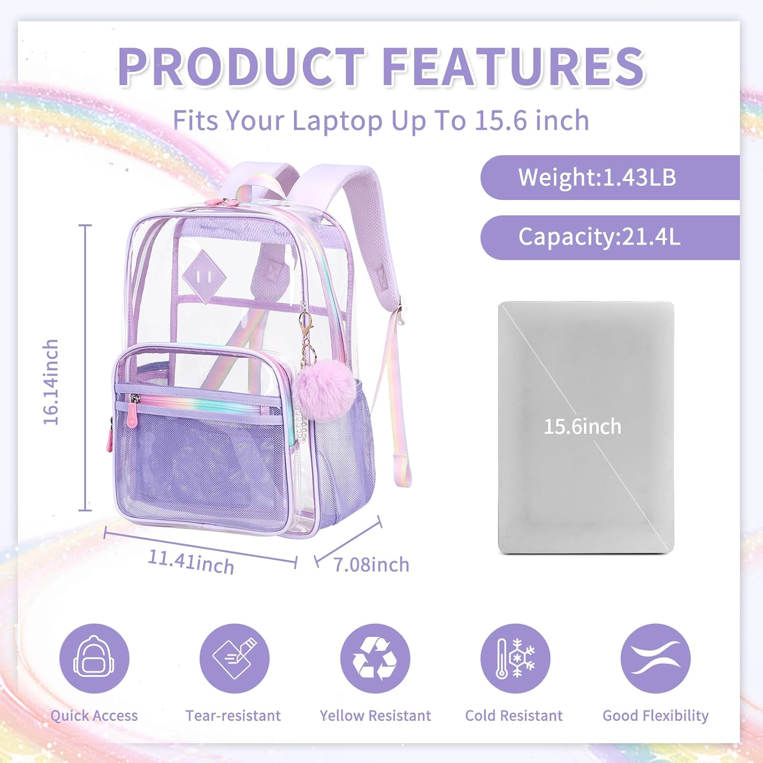 MUSEVOS Clear Backpack Heavy Duty Transparent Backpack for School Clear Bags with Wider Shoulder Straps See Through Plastic Bags Sport Events Concert Stadium-Purple