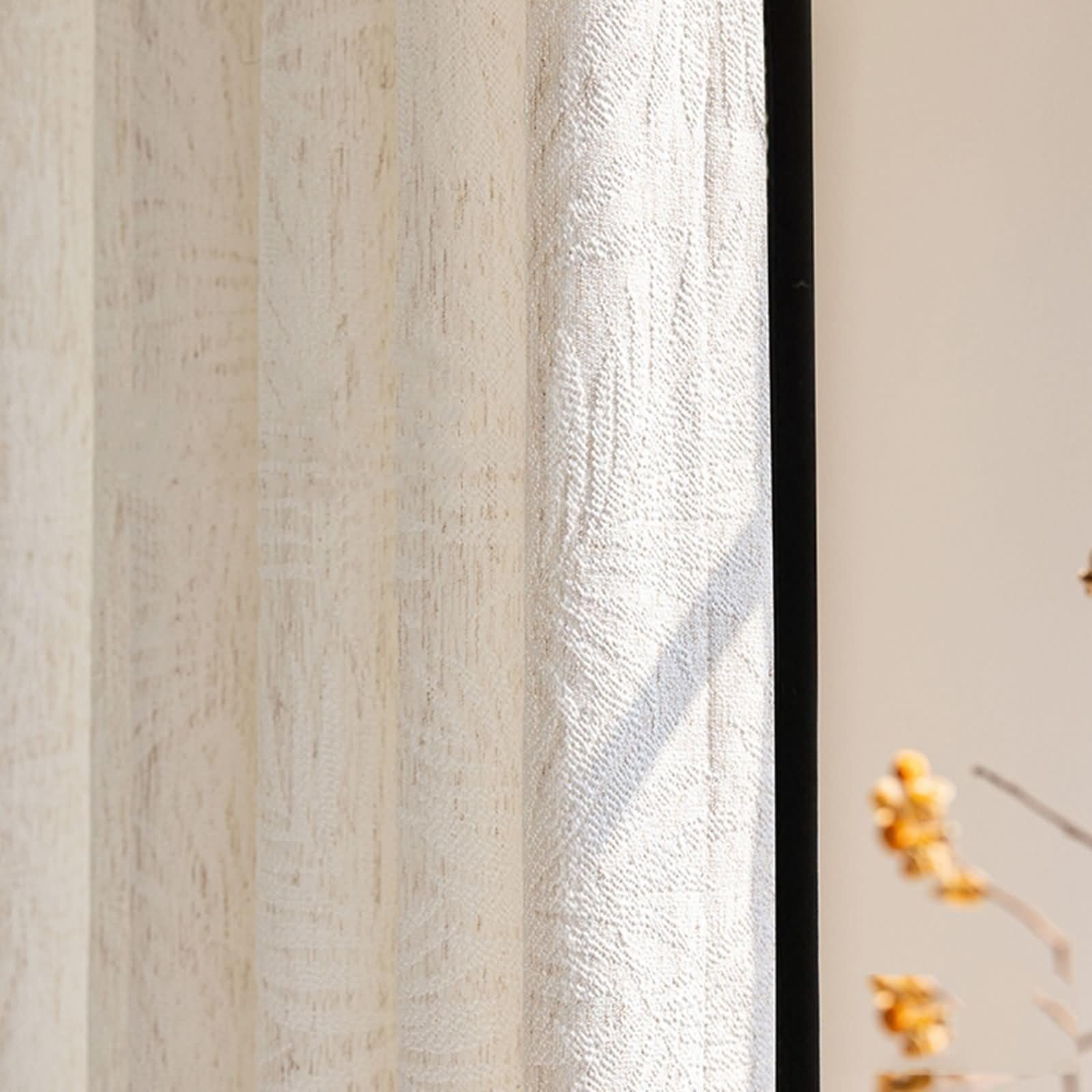Rideaux de Cuisine par Paire, Voilage Cuisine Beige Blanc Motif Jacquard à Bordure Noire Polyester 2 Panneaux 132W x 115L cm