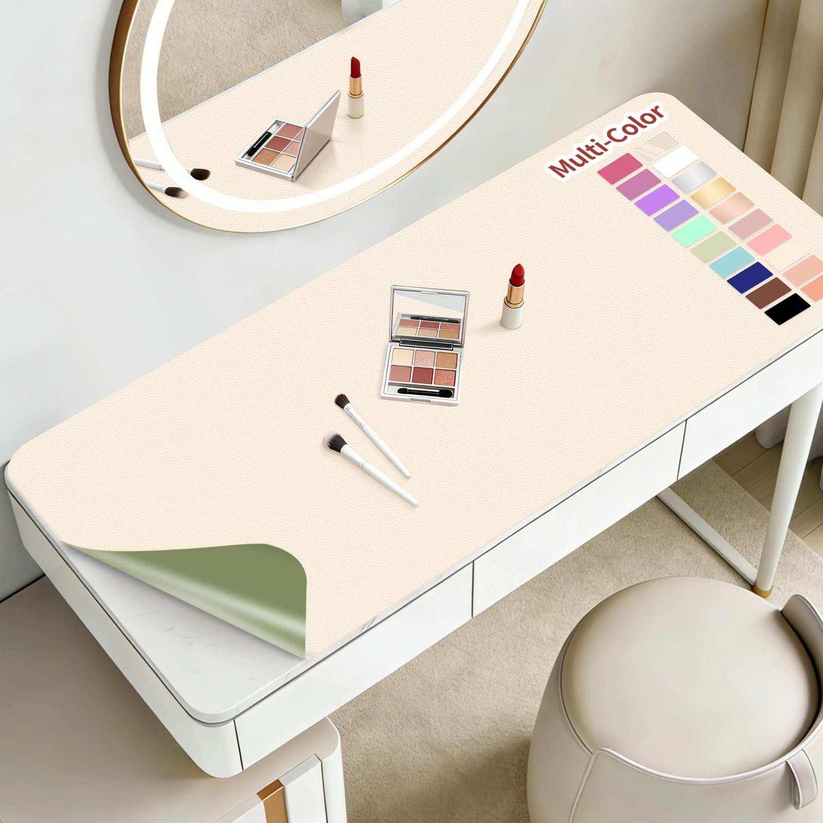 Dressing Table Mat 80x40cm, Leather Make Up Mat for Dressing Table, Dual-Sided and Easy to Clean Pink Desk Pad, Waterproof and Oilproof Vanity Accessories (Beige and Olive Green) — image 1