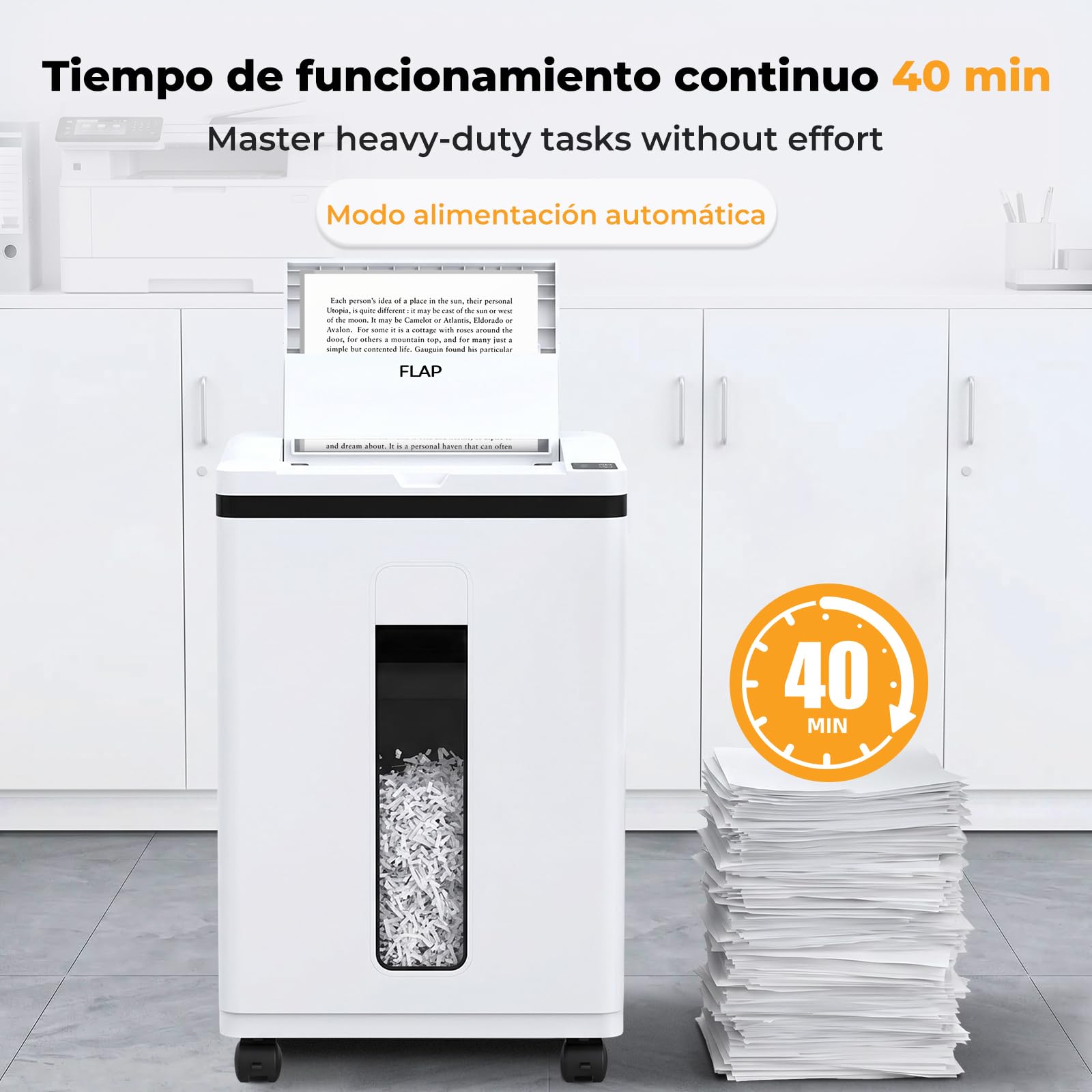 Trituradora de Papel con Alimentación Automática, 40 min Continuo, Nivel P-5, Destructora Eléctrica, Papelera 22L, para Oficina/Casa/Industrial/Hogar