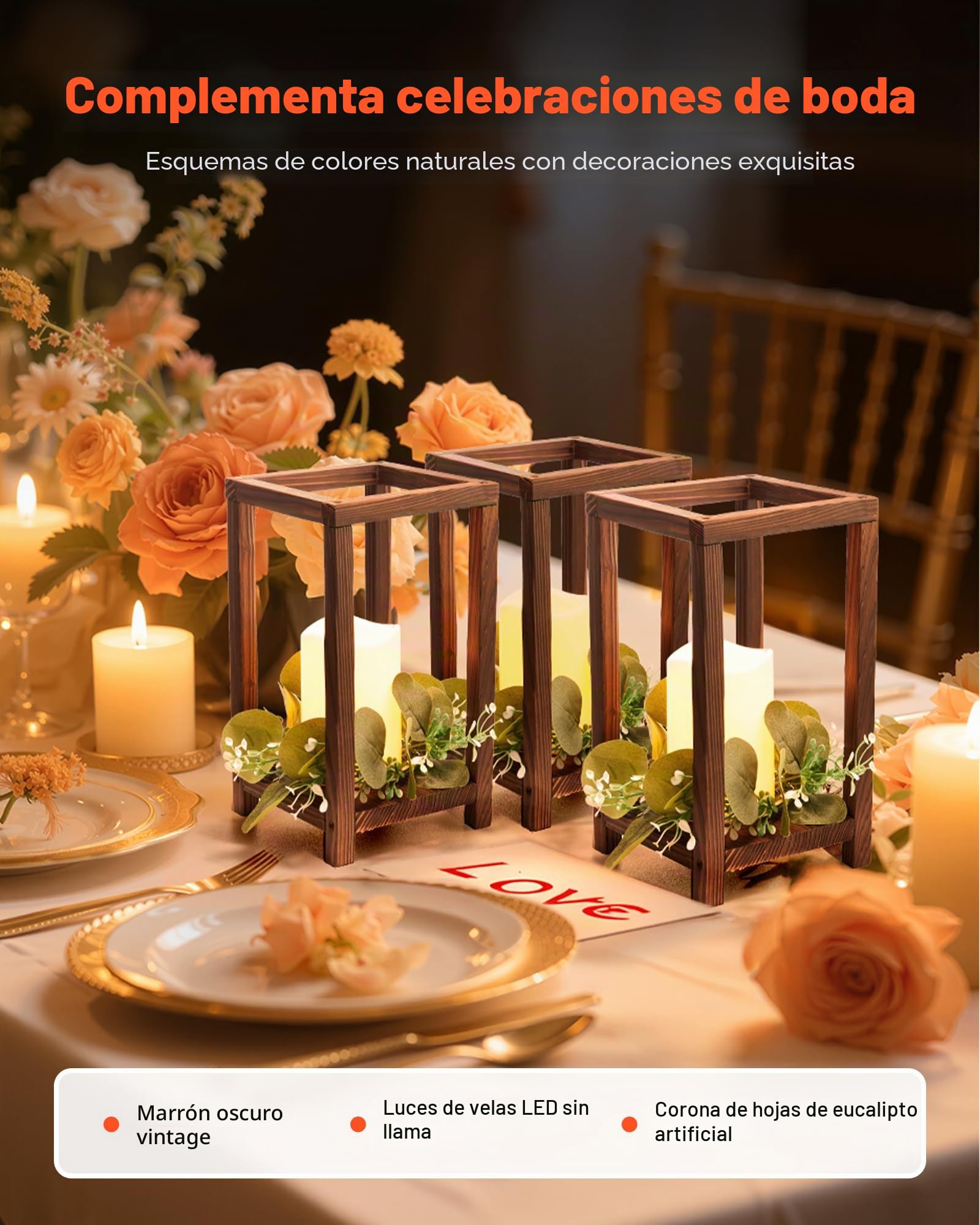 VEVOR Faroles de Madera para Bodas 12 Juegos con Velas LED y Coronas de Flores, Farolillos para Velas 140 x 140 x 254,8 mm, Candelabros para Decoración Rústica de Mesa de Boda, para Fiestas, Marrón