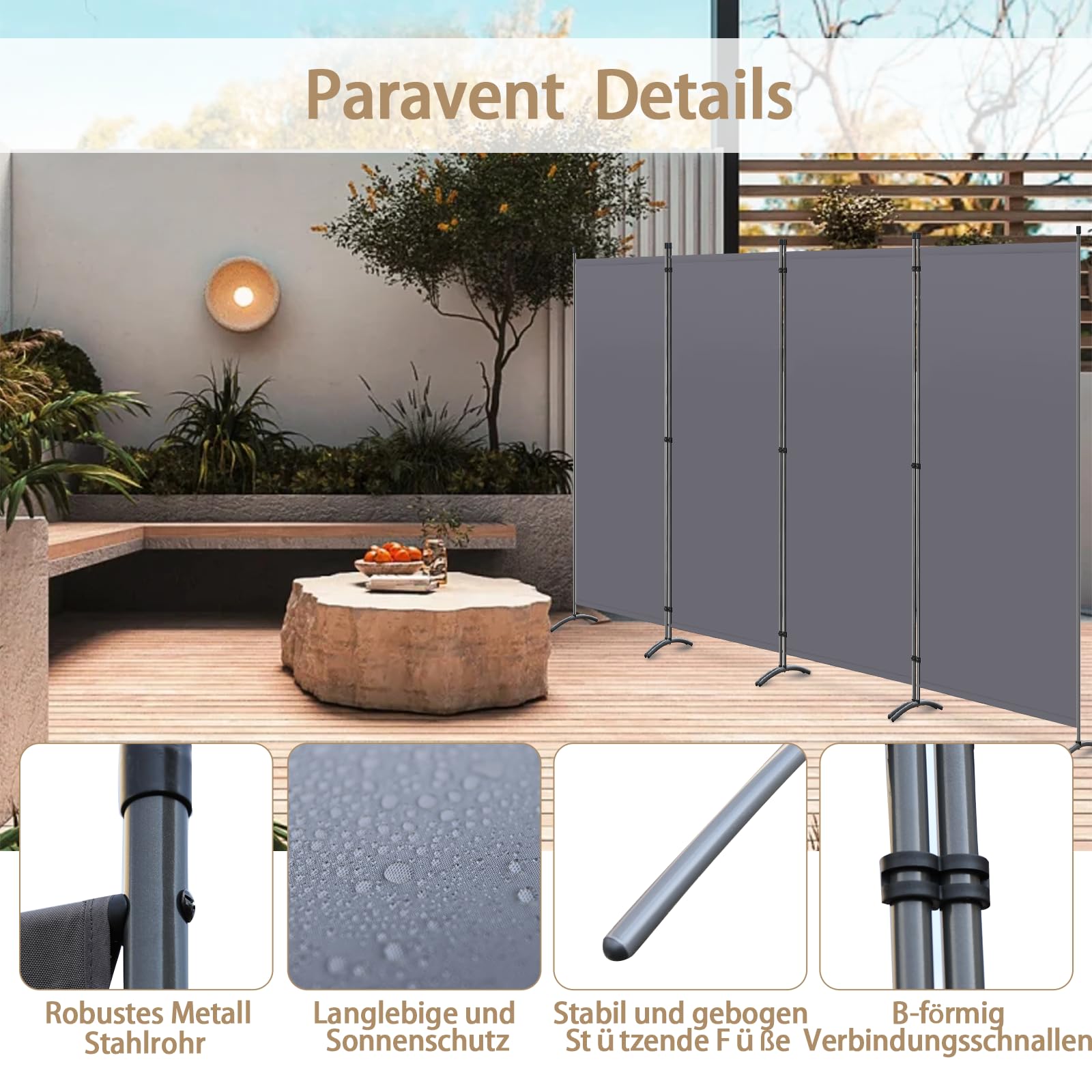 Paravent 4 Teilig Raumteiler Trennwand Balkon Sichtschutz Stellwand Faltbar 345 x 180cm (Grau)