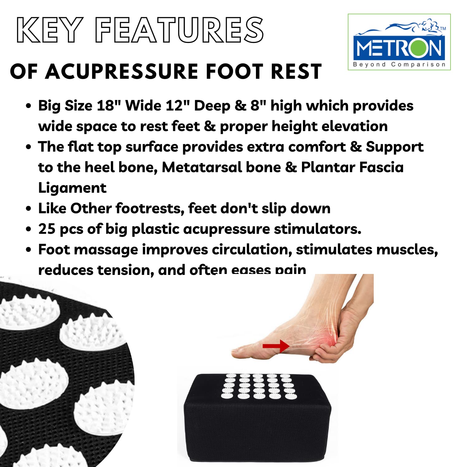 Metron Adjustable XL Foot Rest for Under Desk, Sofa & High Chairs – Ergonomic Footrest with 2 Height Settings, Acupressure Stimulators for Pain Relief, Ideal for Shorter People & Seniors | Office & Home Use 2
