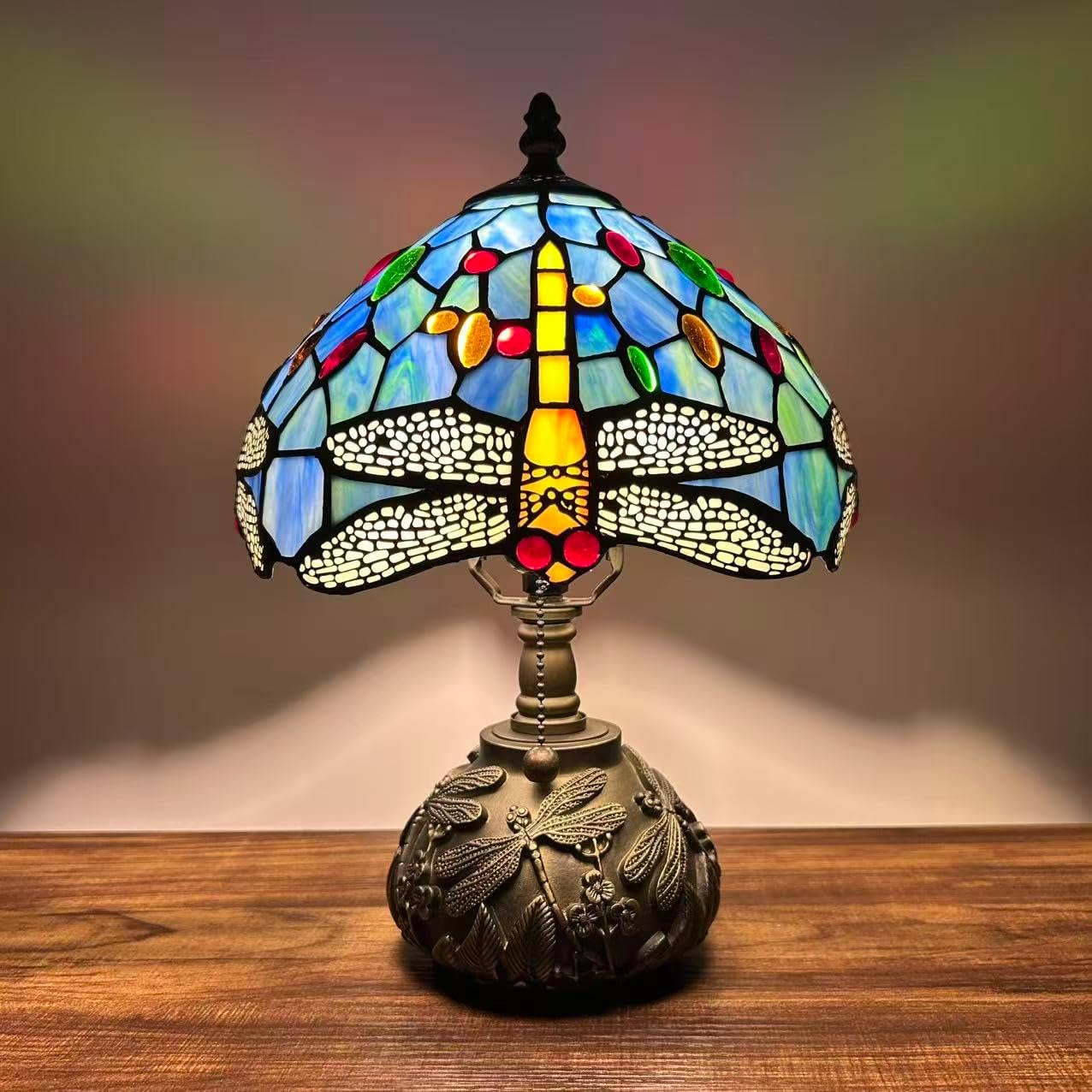Tiffany Mini Table Lamp Dragonfly Blue Stained Glass LED Bulb Included Dragonfly Base for Living Room Bedroom Bedside 10'W*10" D*14" H