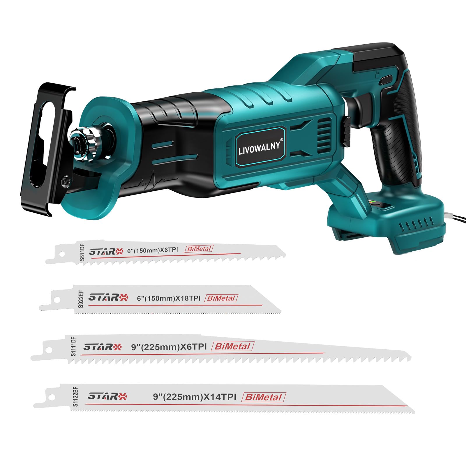 LIVOWALNY Akku Säbelsäge Kompatibel mit Makita 18V (Ohne Akku) - Reciprosäge Bürstenlos Motor 3200 SPM, 3 variable Geschwindigkeiten mit 4 Sägeblätter für Metall/Holz/PVC (Blau)
