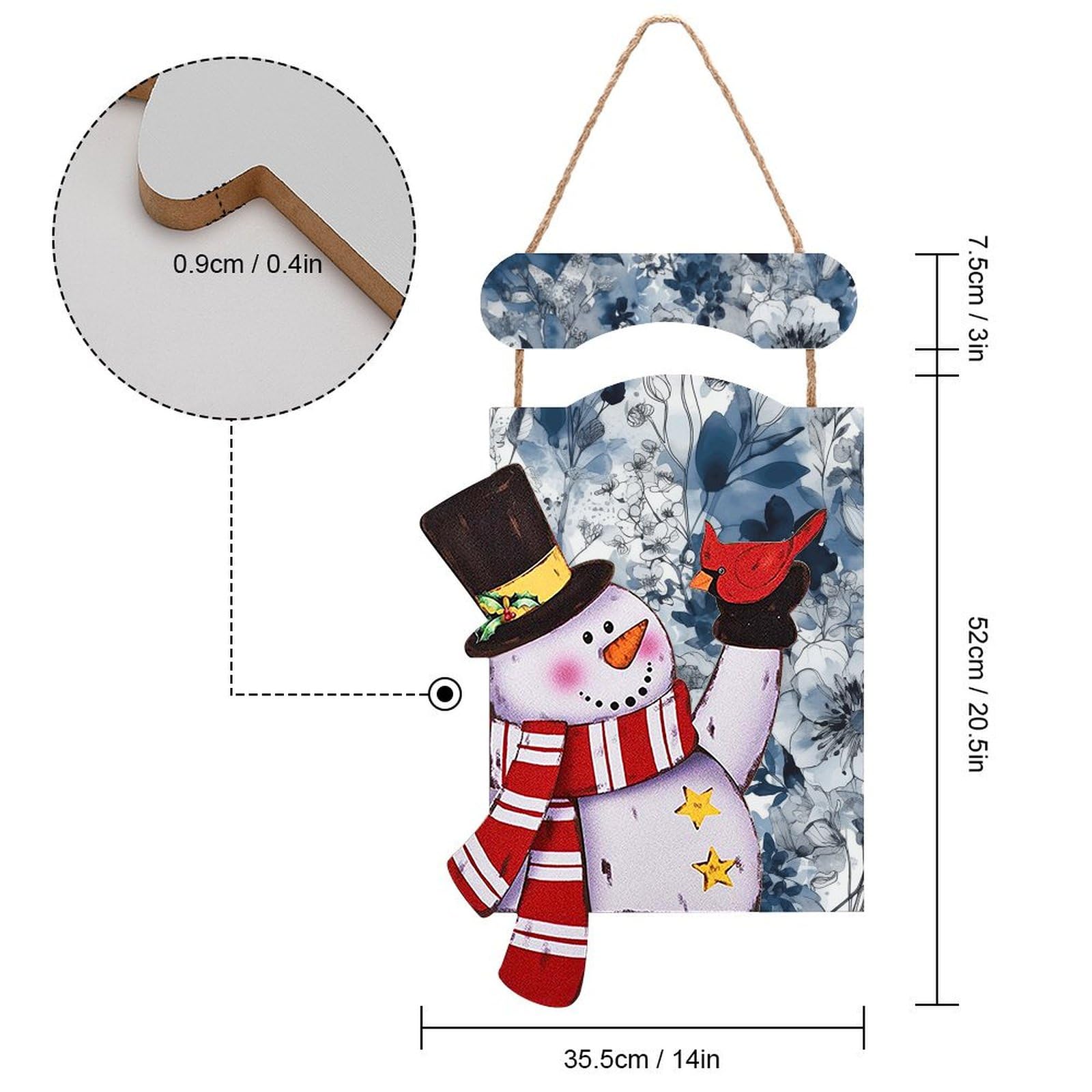 Bonhomme de neige de Noël en bois à suspendre pour décoration murale ou porte d'entrée, motif floral bleu turquoise, décoration de Noël pour sapin de Noël