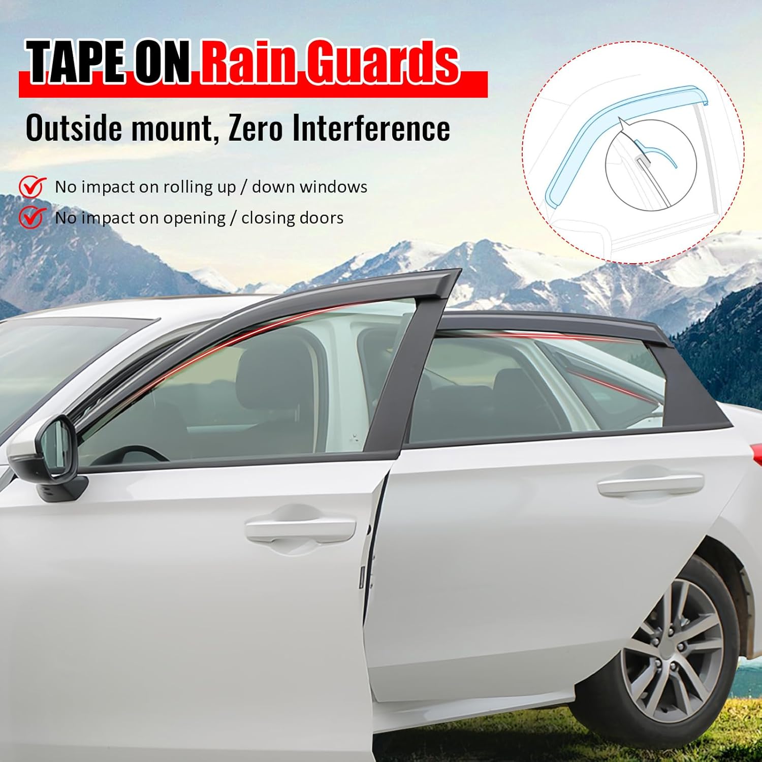 IKON MOTORSPORTS Tape on Window Visors Compatible with 2011-2026 Dodge Durango, Slim Style Acrylic Smoke Tinted Rain Guards, Side Window Wind Deflectors 6PCS