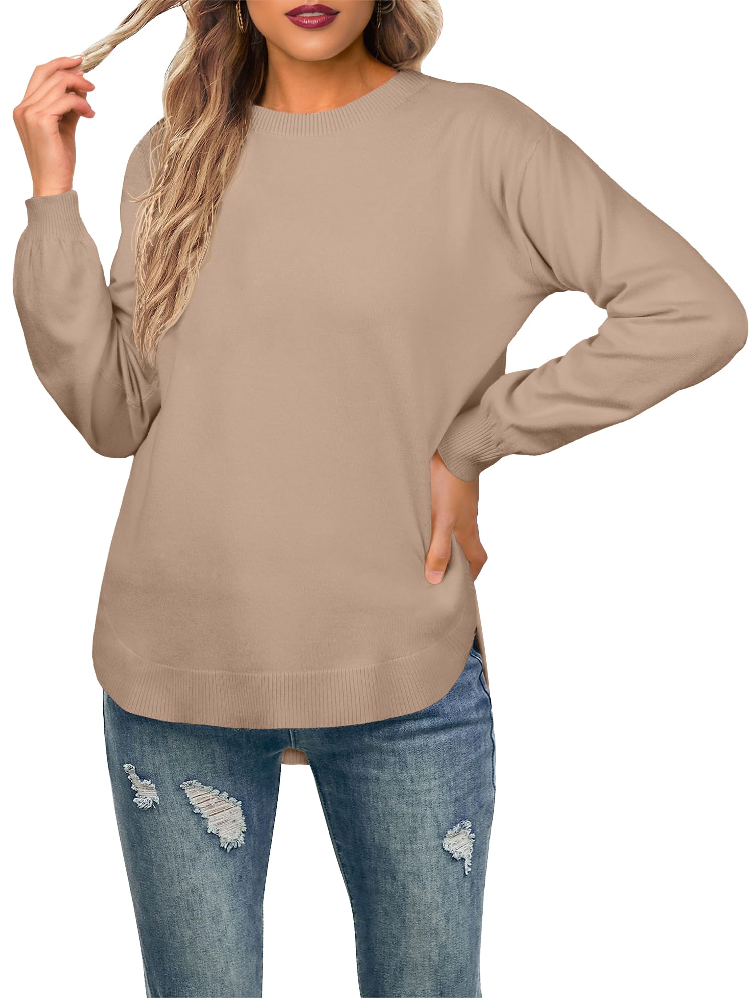 GRECERELLE Suéter de manga larga para mujer, ligero, cuello redondo, suéter casual de punto suave para mujer