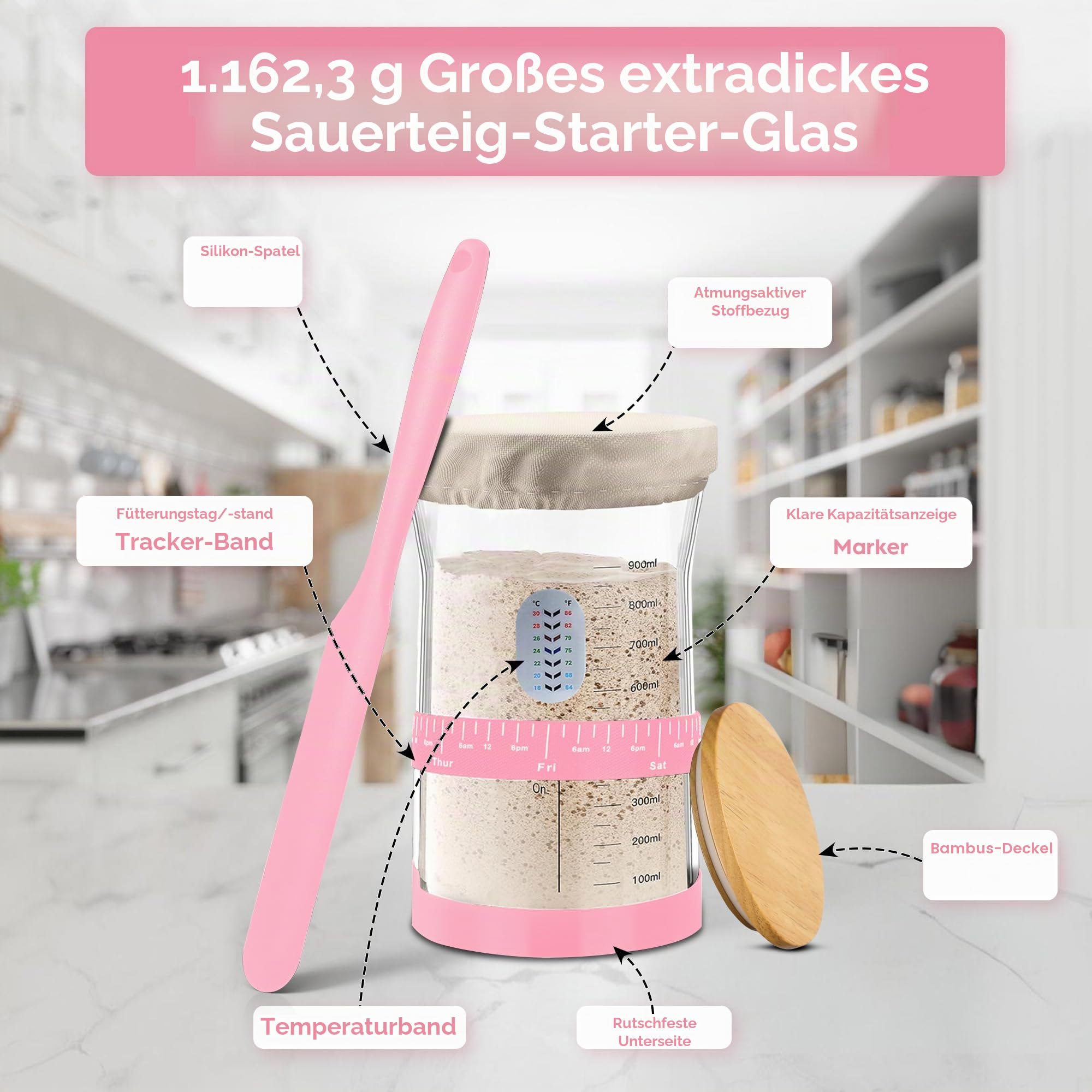 Sauerteig-Starter-Set, Sauerteig-Brot-Backzubehör, 1,2 l Starterglas, 22,9 cm rund und 26,7 cm, ovale Banneton-Brotgärkörbe, Brotbackwerkzeug, Premium, Rosa