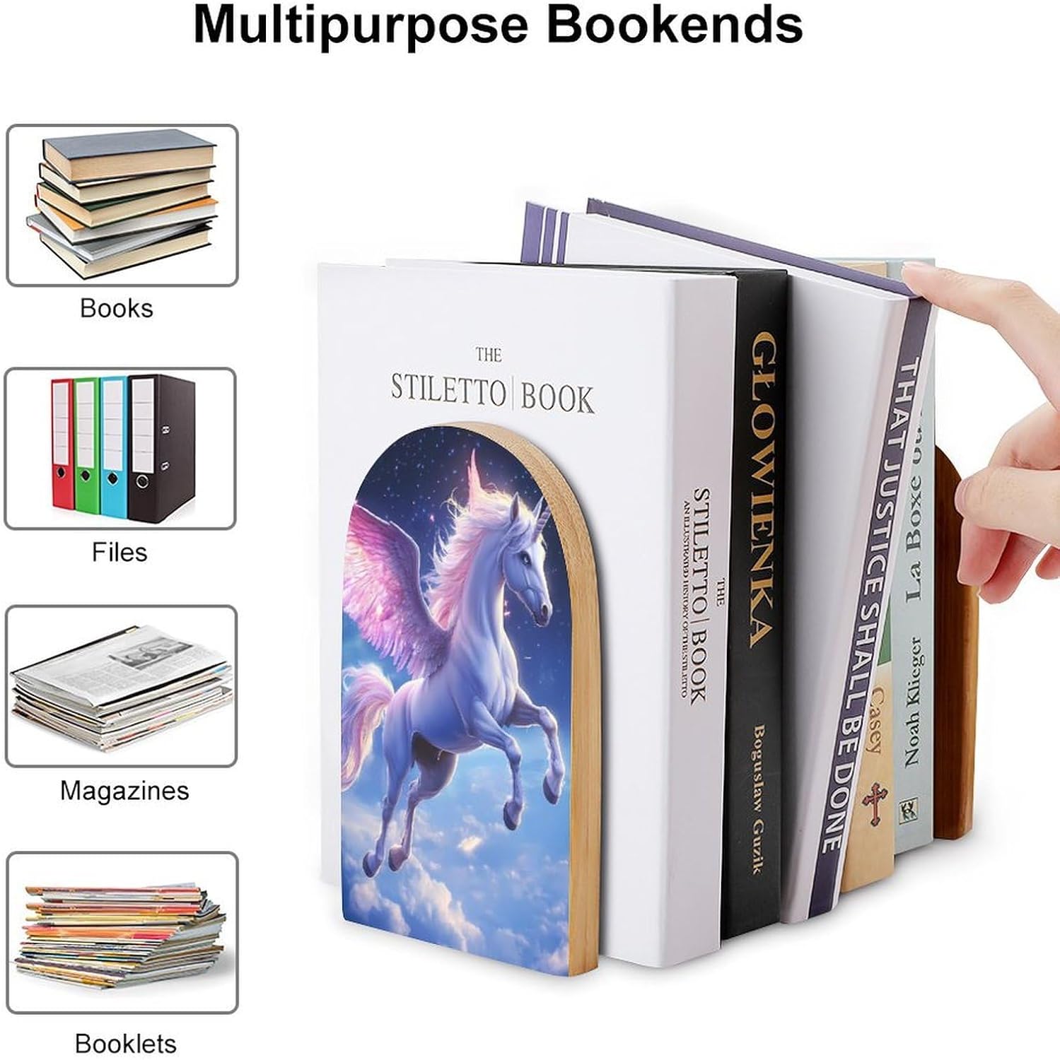 Flying Cute Unicorm Horse Cute Wood Book Ends Decorative Bookends 1 Pair Non-Skid for Shelves Home Office 7 X 5 Inch