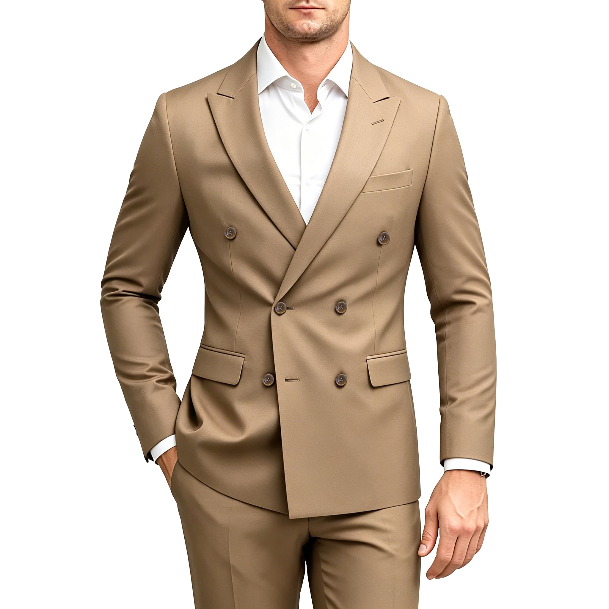 MOGU Mens 2 Piece Double Breasted Suit Slim Fit Tuxedo Blazer and Pants for Wedding Prom Homecoming, Khaki, 42