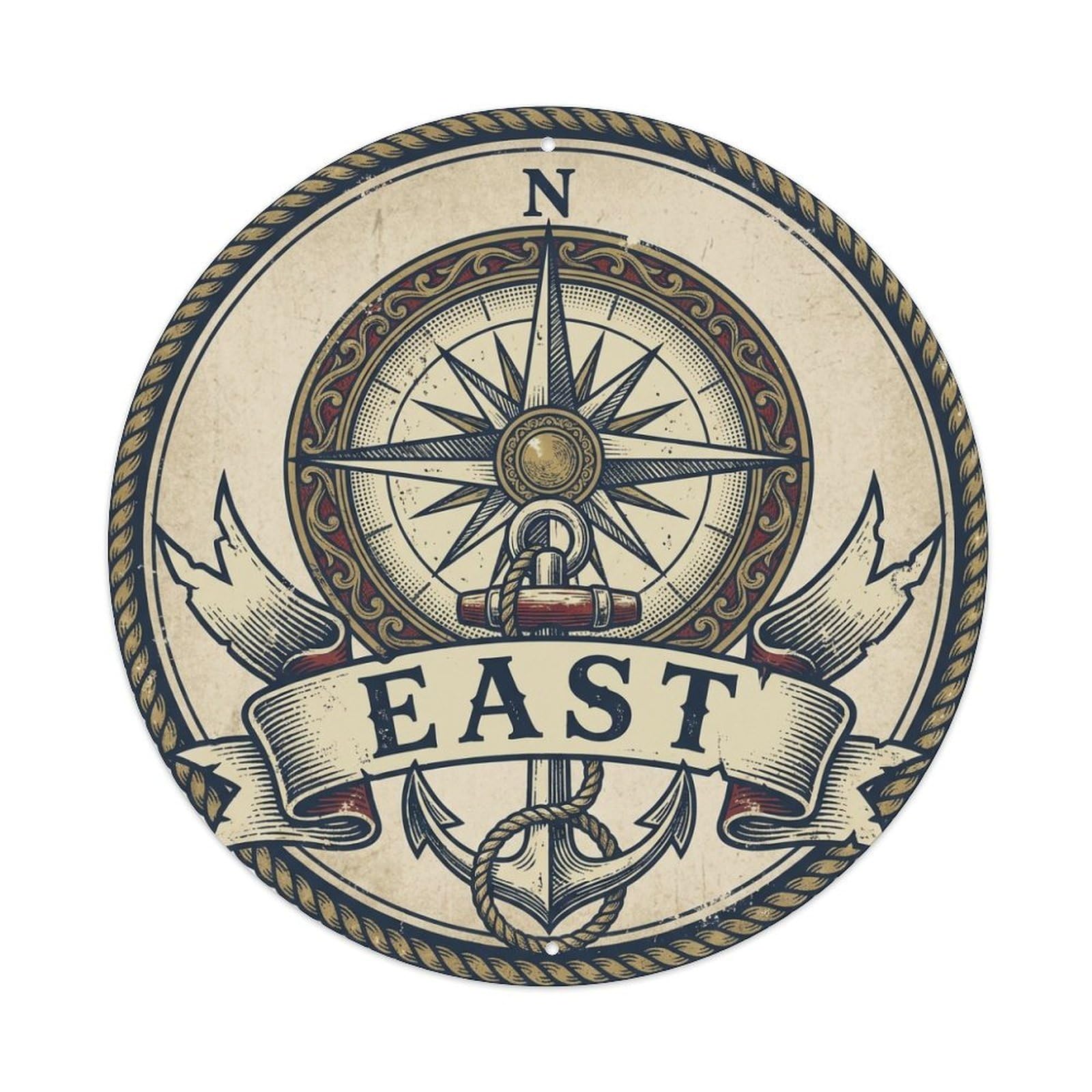 East Compass Rose Anchor Rope Maritime Emblem Metal Tin Sign