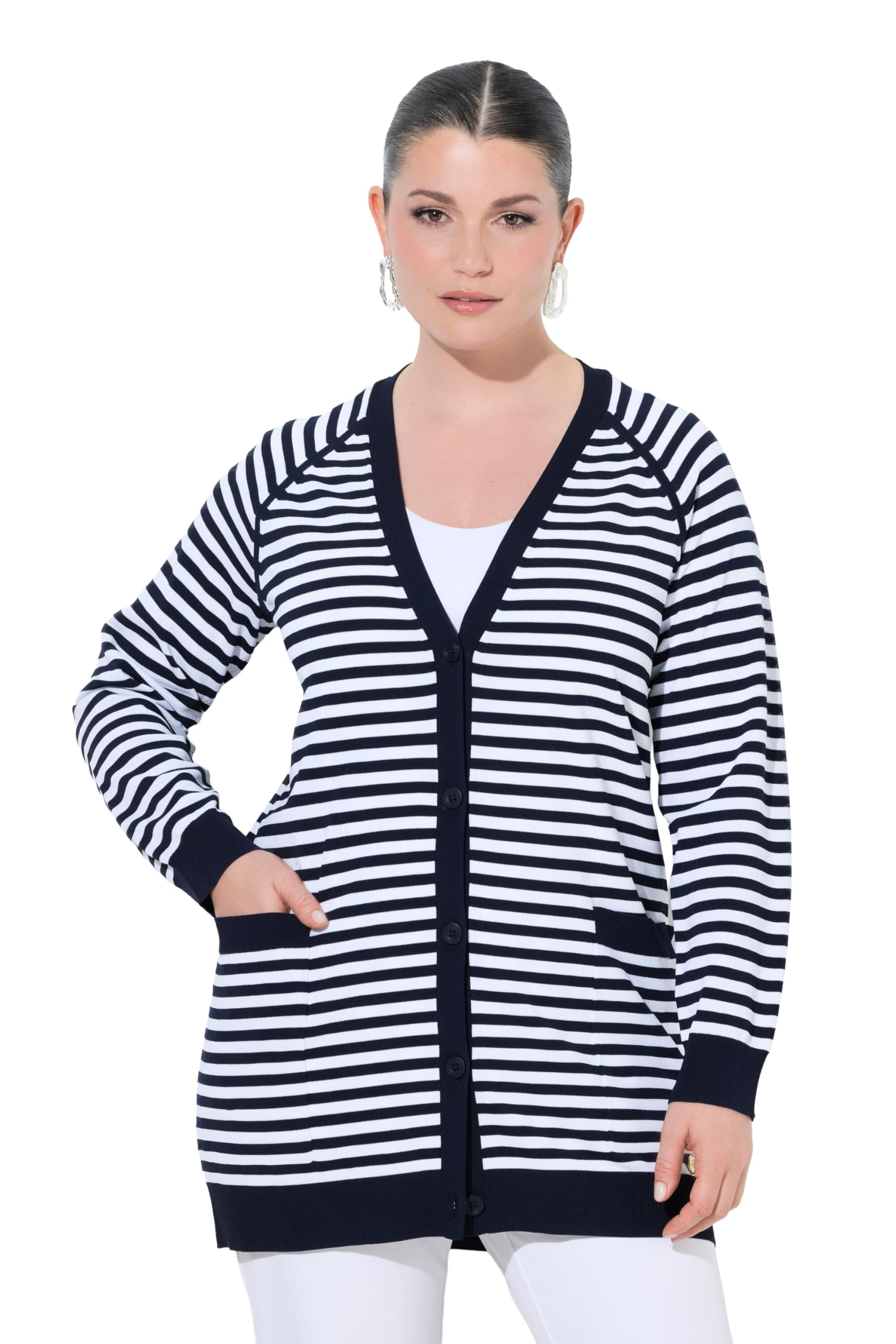 Ulla Popken Damen große Größen Übergrößen Plus Size Strickjacke in Ringeloptik aus Feinstrick 846058