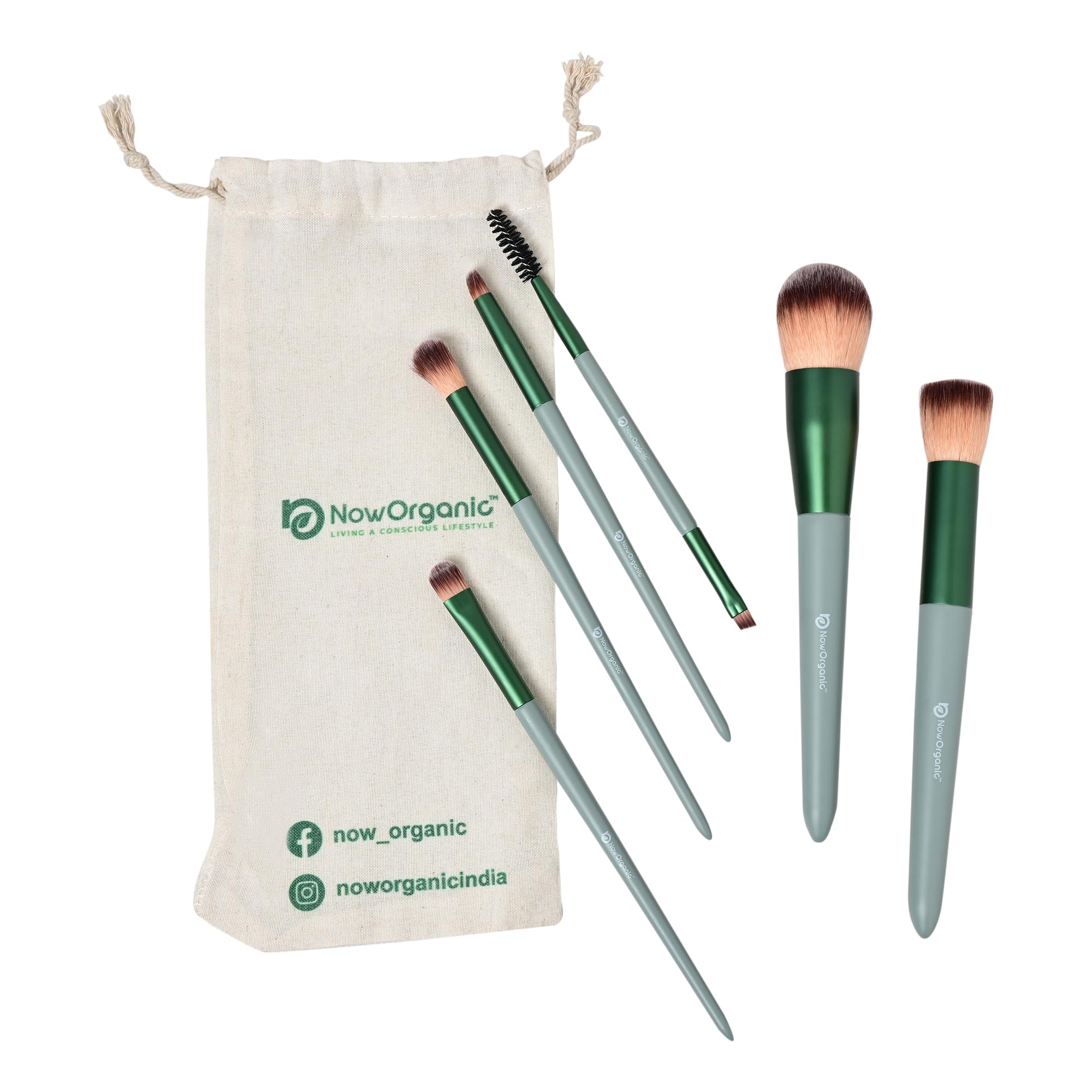 Organic Makeup Brush Set by Now, 6 Pieces with Wood Handles and Natural Hairs, for Face and Eye Makeup. Free Makeup Sponge-image-3