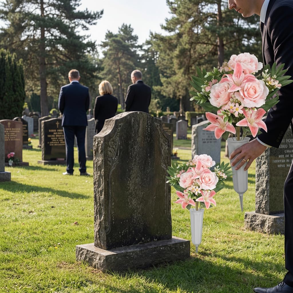 2Sets Artificial Cemetery Flowers with Cemetery Vase Pink Artificial Rose Lily Graveyard Memorial Bouquets for Memorial Day Outdoor Grave Cemetery Headstones Decorations (Pink)