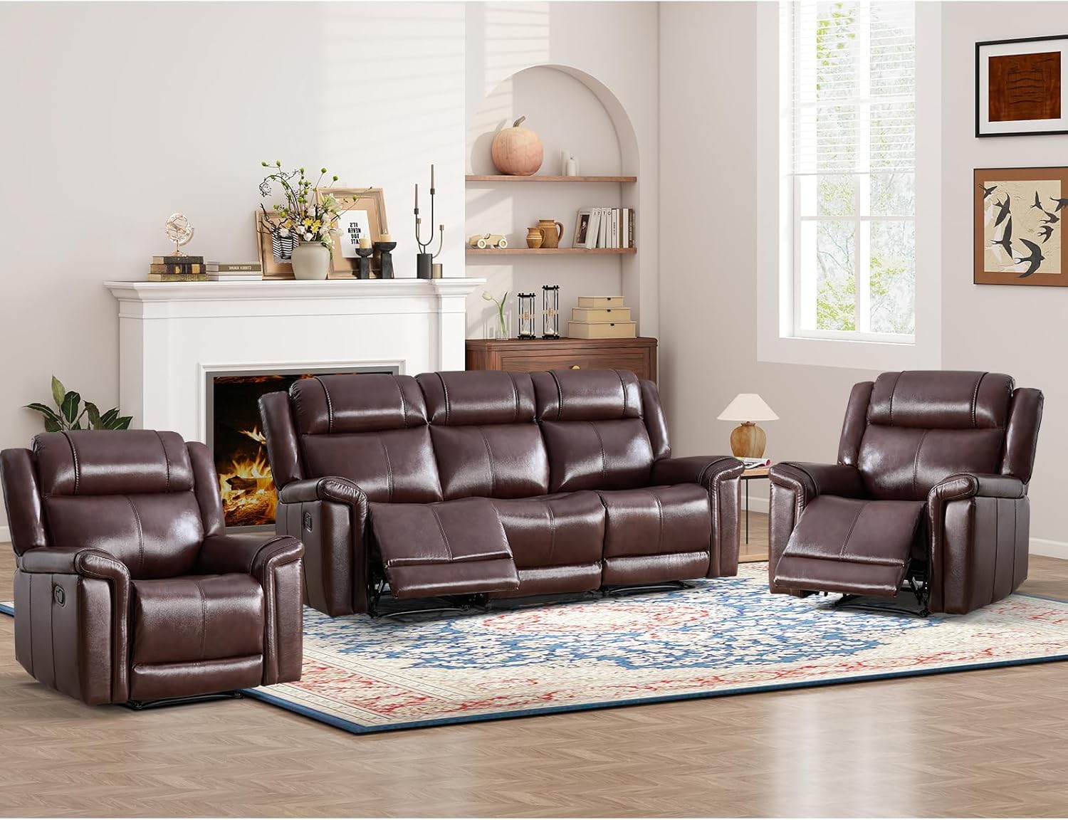 ANJ Premium Genuine Leather Manual Recliner Chair for Adults, Overstuffed Recliners Set of 2 with Padded Backrest, Heavy Duty Reclining Sofa for Living Room, Rust Brown