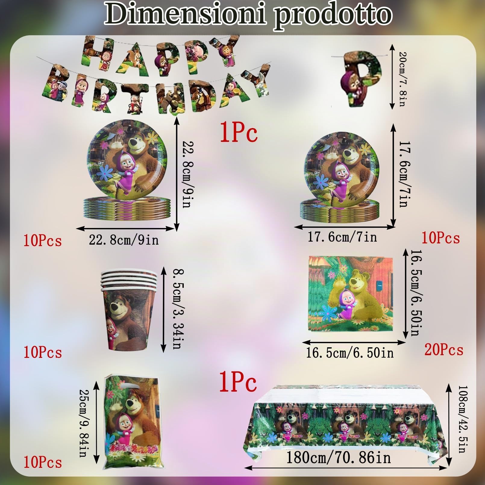 93 Pezzi Ragazza e Orso Stoviglie per Feste di Compleanno | Addobbi Compleanno Ragazza e Orso，Tovaglia, Piatti di Carta，Adatto a 10 persone