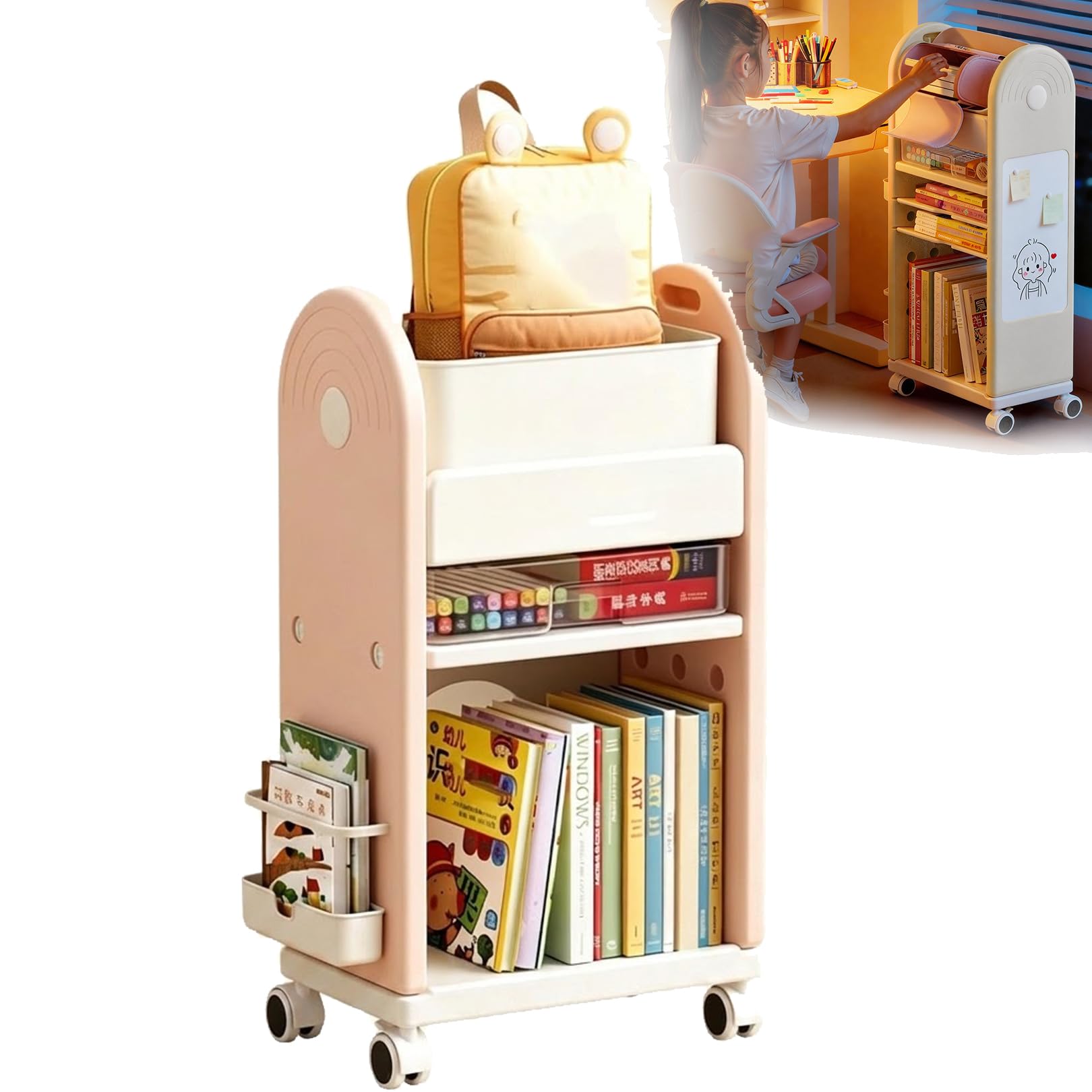Home Bookcase Multifunctional 3Tier 5 Tier Bookshelf Organizer, Utility Cart with Lockable Casters, Narrow Rolling Storage Cart for Living Room, Bedroom, Kitchen (pink,3tier)