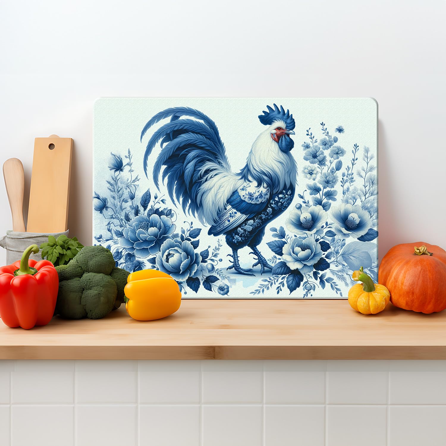 Glass Chopping Board – Blue Delft Rooster – Textured Tempered Glass Cutting Board – 39 x 29cm Kitchen Worktop Saver – Non Slip, Heat Resistant, Easy Clean Large 39cm x 29cm — image 1
