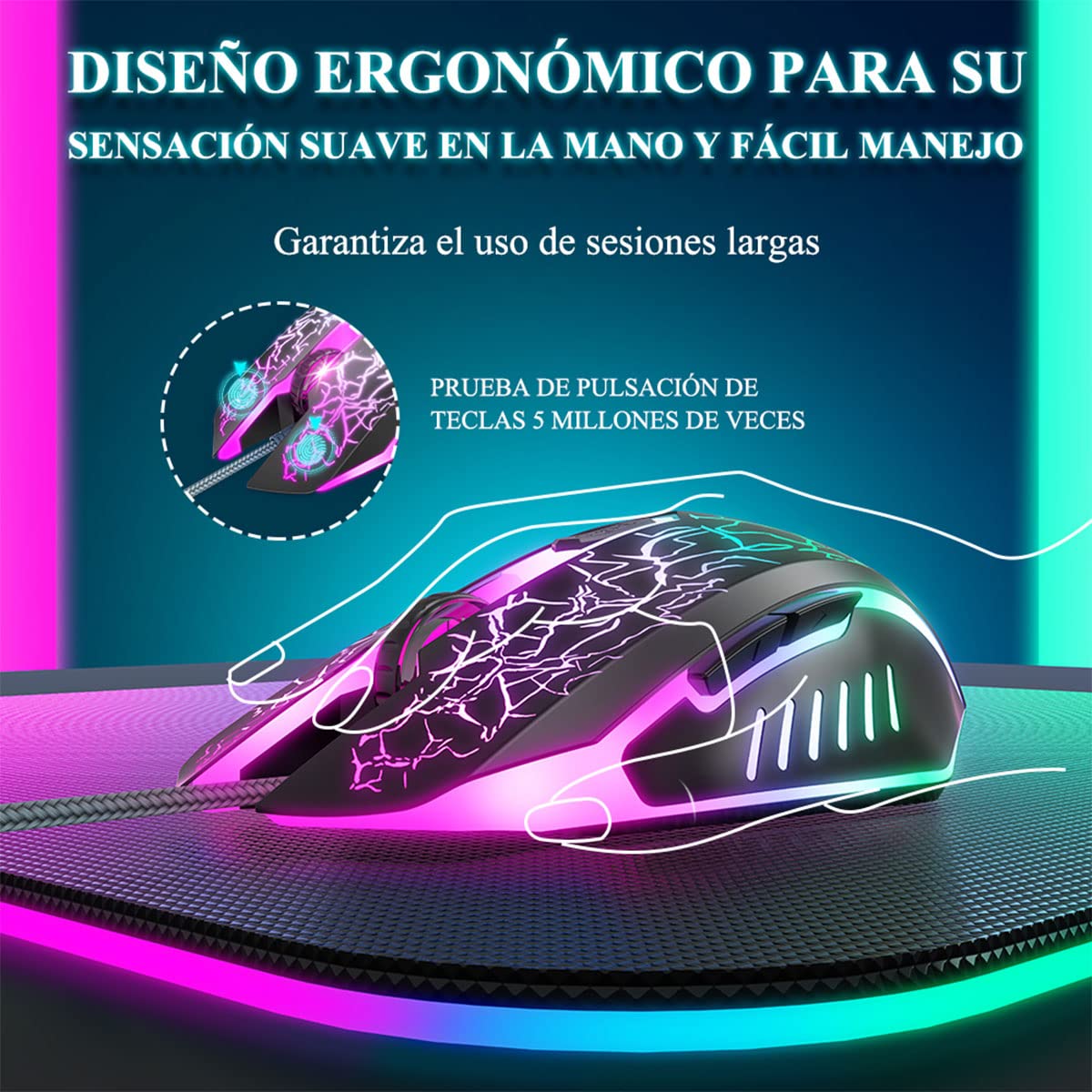 Bengoo Raton Gaming con Cable, 4 dpi Ajustables hasta 3600,Gaming Mouse Óptico, 6 Botones Programables, 7 Modos de Iluminación RGB Personalizable, Ratones USB para PC, Laptop, MacBook-Negro