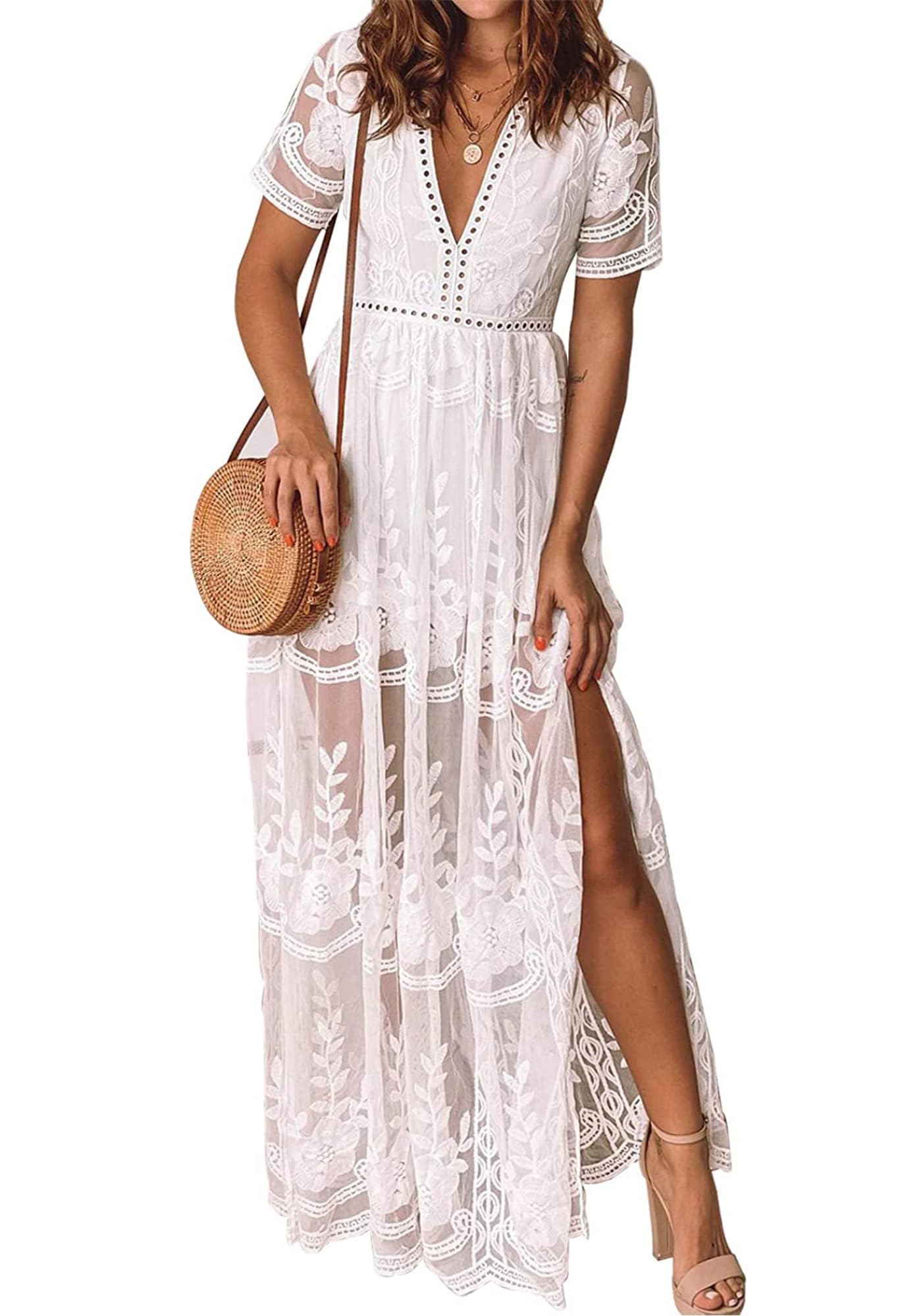 Womens V Neck Floral Embroidered Lace Wedding Maxi Dress Boho Short Sleeve Slit Bridesmaid Evening Party Dresses