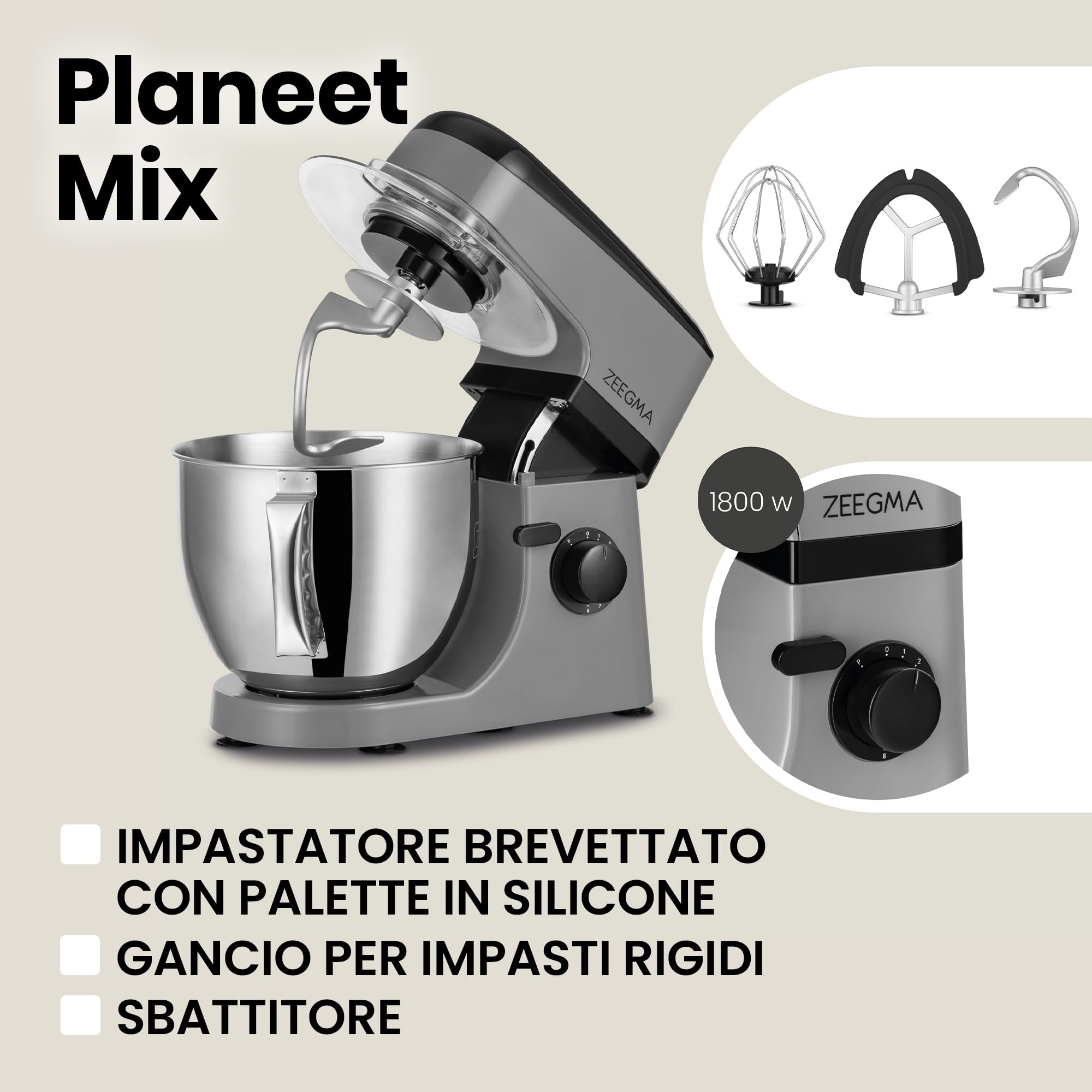 ZEEGMA Planeet MIX Impastatrice da 1800 W, robot multifunzione con ciotola da 5 l, con manico e coperchio, 8 velocità, incluso pannello touch a 3 pezzi