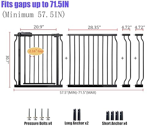 Miniatura 2 de Puerta ancha para bebés de 67 a 71.5 pulgadas, seguridad de acero resistente para escaleras, perro de interior montado a presión, sin perforación,